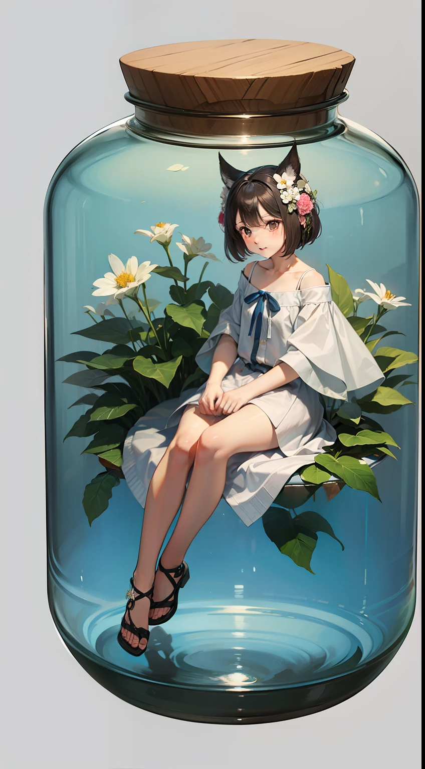 masterpiece, best quality, 1girl, in a jar, jar, simple background, full body, flower, sitting,erune,