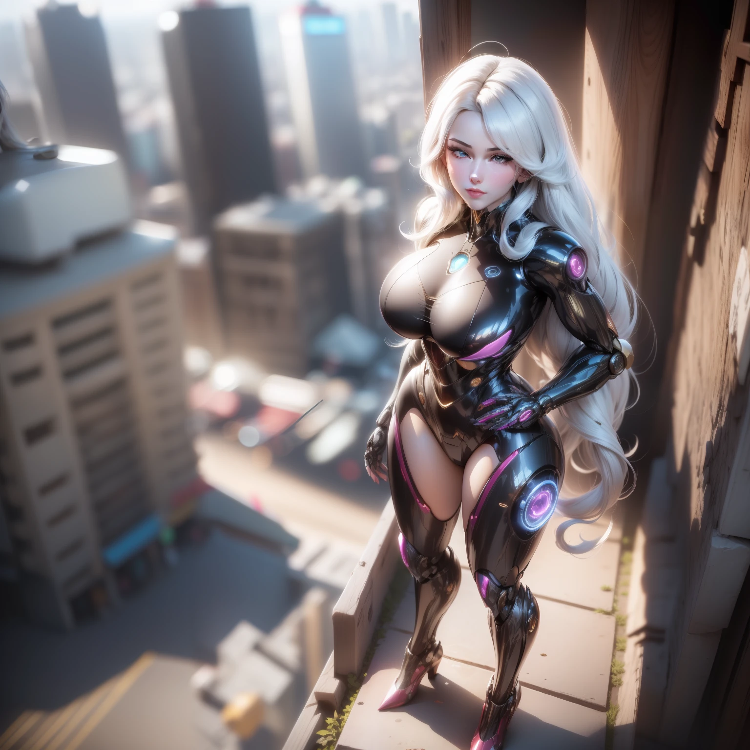 (Masterpiece, Superb Quality, Super Delicate, High Resolution), Male Focus, (((Female Robot))), (Mechanized))), (She Has Long White Hair, Big Breasts, Slim), (Standing Pose), Posing for Photos, Looking Down, City Ruins, Background Details, (((Full Body)), From Above, Solo