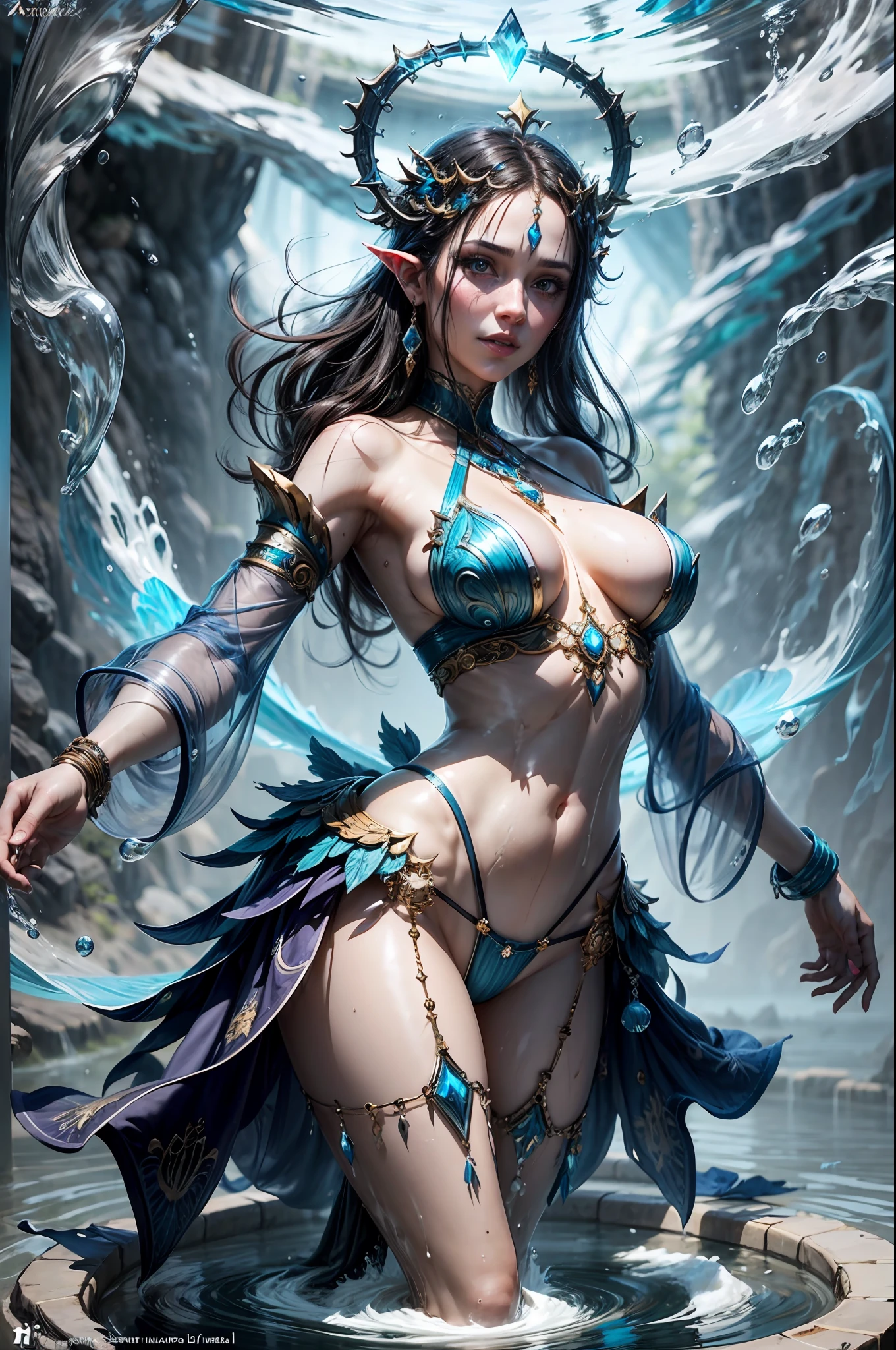 a beautiful demonic sorceress conjuring water casting a water spell,standing and looking at viewers, various water chains around her,(((detailed perfect face))),light smile, beautiful face, seductive body,tall body, mature body, BREAK water aura,  water spear, water balls , water flow through her body, floating with a movement of her hand, blue transparent water splash dazzling around, water phoenix flying in the background, pure water on the ground just enough to cover her feet, water bender, floating water, water flows freely in the air,sexy body BREAK,Detailed,Realistic,4k highly detailed digital art,octane render, bioluminescent, BREAK 8K resolution concept art, realism,by Mappa studios,masterpiece,best quality,official art,illustration,ligne claire,(cool_color),perfect composition,absurdres, fantasy,focused