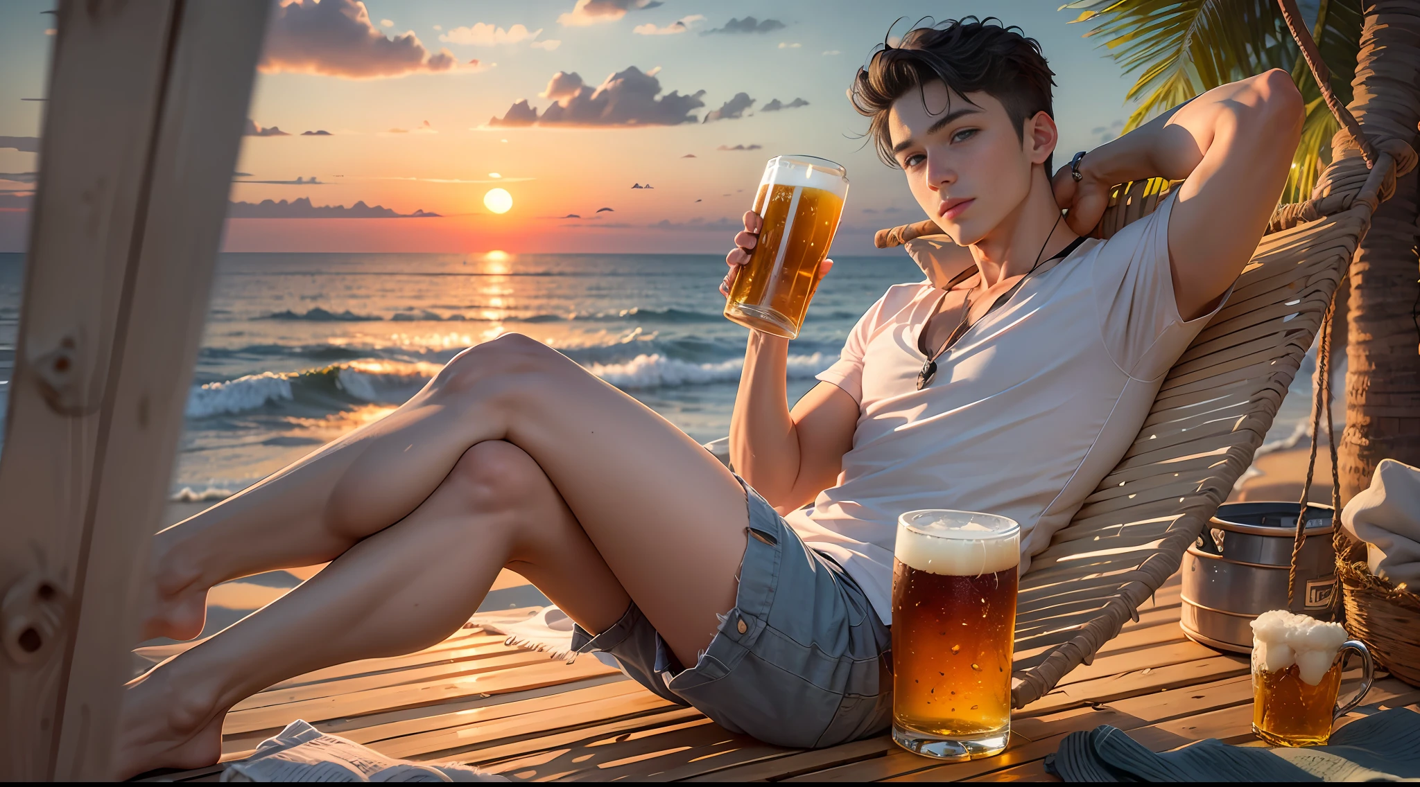In the evening, the sunset is on the edge of the sky, a young man, with a pleasant expression, dressed in a seaside style, lying on a hammock, the sea breeze is cool, watching the magnificent sunset on the sea, holding a beer in his hand