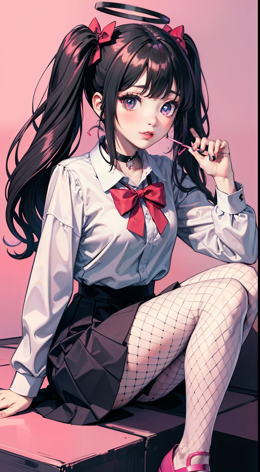 masterpiece, best quality, 1girl, solo, long_hair, looking_at_viewer, bangs, skirt, shirt, black_hair, long_sleeves, bow, ribbon, twintails, sitting, monochrome, hair_bow, heart, pantyhose, frills, food, shoes, choker, blunt_bangs, black_skirt, pink_eyes, symbol-shaped_pupils, halo, heart-shaped_pupils, stuffed_toy, pink_background, stuffed_animal, frilled_skirt, pink_bow, fishnets, candy, bandaid, pink_shirt, teddy_bear, lollipop, fishnet_pantyhose, platform_footwear, pink_theme, pill, jirai_kei,  lam_style,colorful_hair,hiqcgbody,masterpiece, best quality,holographic,holographic clothing