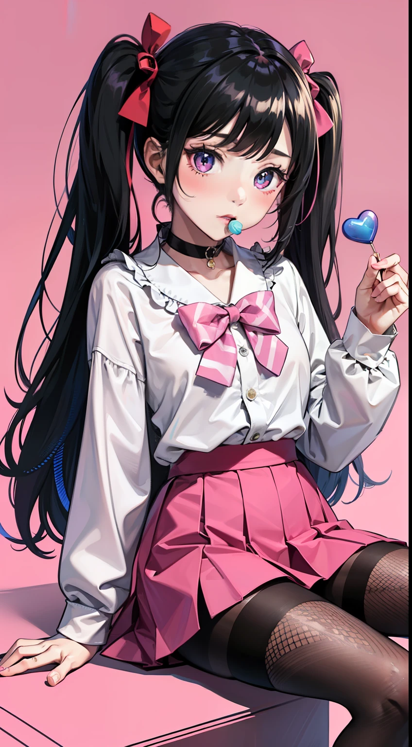 masterpiece, best quality, 1girl, solo, long_hair, looking_at_viewer, bangs, skirt, shirt, black_hair, long_sleeves, bow, ribbon, twintails, sitting, monochrome, hair_bow, heart, pantyhose, frills, food, shoes, choker, blunt_bangs, black_skirt, pink_eyes, symbol-shaped_pupils, halo, heart-shaped_pupils, stuffed_toy, pink_background, stuffed_animal, frilled_skirt, pink_bow, fishnets, candy, bandaid, pink_shirt, teddy_bear, lollipop, fishnet_pantyhose, platform_footwear, pink_theme, pill, jirai_kei, lam_style,colorful_hair,hiqcgbody,masterpiece, best quality,holographic,holographic clothing
