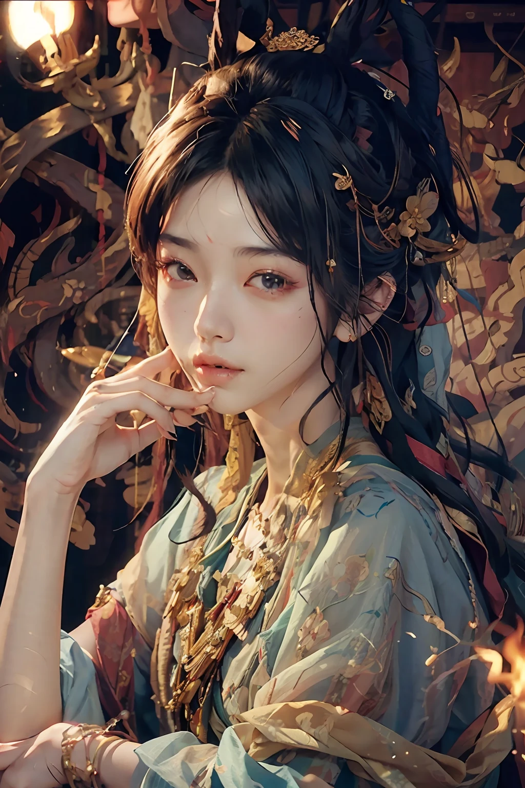 (RAW photo, best quality), (realistic, photo-realistic:1.3), best quality, highly detailed, masterpiece, ultra-detailed, illustration, 1girl, upper_body, beauty, world mastery theater, messy_long_hair,best quality, extremely detailed CG unity 8k壁纸，墨水，惊人，电影灯光，lens_flare，dunhuang_style