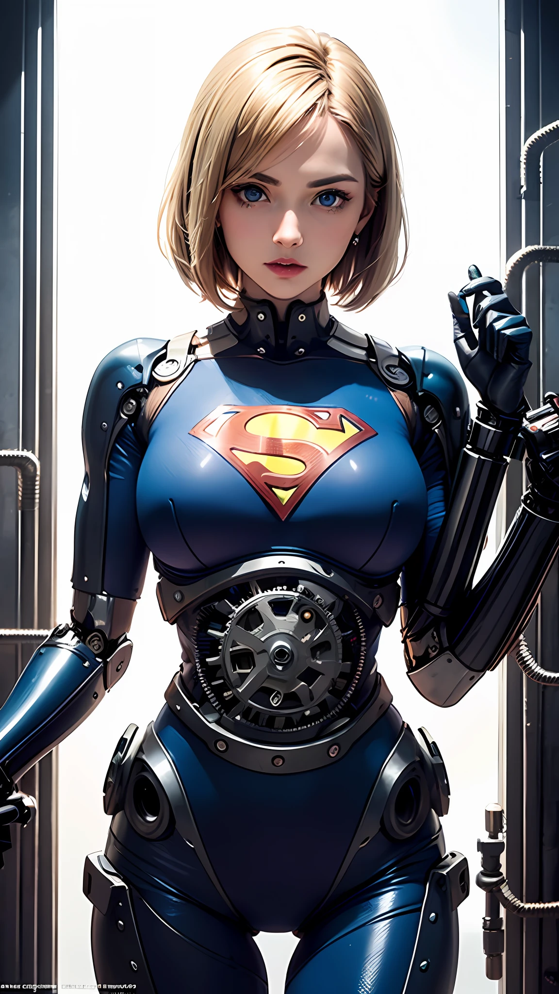 One-sided layered cut Bob, (Blonde hair: 1.3), ((Transparent blue eyes (purple)), ((Beautiful, detailed eyes, Jewel-like eyes, Bright blue eyes: 1.3)) , The female body incorporates mechanical components such as gears with supernan S on the chest, wires and circuits that merge with the female's natural shape to create a visually captivating and futuristic aesthetic.  The mechanical elements emphasize precision and functionality, with interlocking gears and gears that work harmoniously with the feminine physique.  Female faces can have cybernetic enhancements, such as glowing eyes, neural implants, and metallic facial features that symbolize the fusion of man and machine.  This work of art embodies both the strength of a woman and the grace of the human spirit.  Lighting and shadows play an important role, increasing the contrast between organic and mechanical elements and adding depth to the composition.  It emphasizes the mechanical nature of the artwork.  Background details can include futuristic cityscapes, industrial landscapes, or abstract patterns to further enhance the futuristic feel.  Overall, the work captures the essence of a woman embracing the integration of machines, celebrating the possibilities and complexities of a future where humans and technology coexist, wearing Superman's S symbol on her chest.