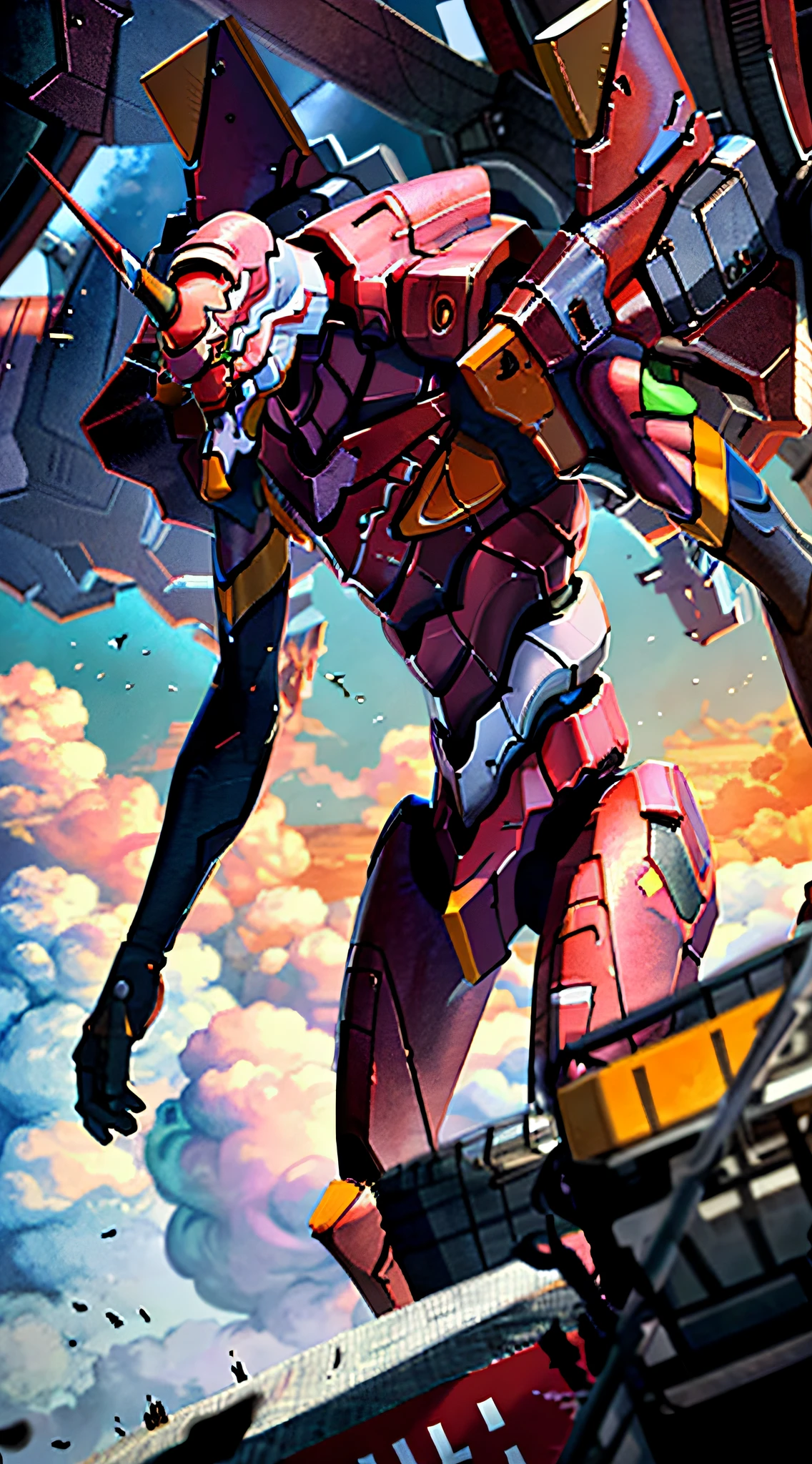 (Eva 03), Eva God, Evangelion Mecha, Science Fiction, Looking at the Audience, 3d Rendering, (Official Art, Best Quality, Masterpiece: 1.2), Illustration, High Resolution, Beautiful Abstract Background, Futuristic, Cyberpunk, Intense Angle