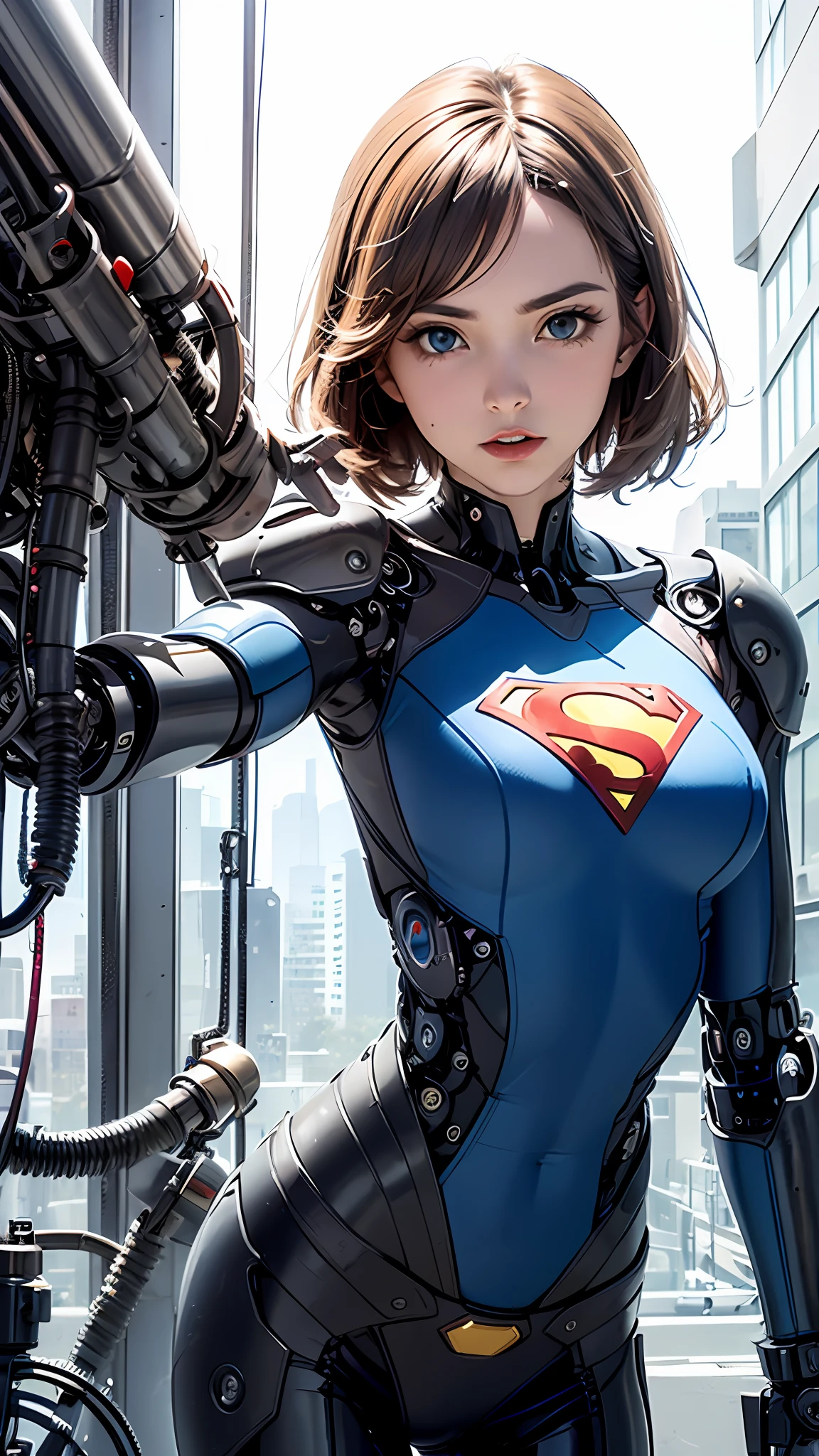 One-sided layered cut Bob, (Blonde hair: 1.3), ((Transparent blue eyes (purple)), ((Beautiful, detailed eyes, Jewel-like eyes, Bright blue eyes: 1.3)) , The female body incorporates mechanical components such as gears with supernan S on the chest, wires and circuits that merge with the female's natural shape to create a visually captivating and futuristic aesthetic.  The mechanical elements emphasize precision and functionality, with interlocking gears and gears that work harmoniously with the feminine physique.  Female faces can have cybernetic enhancements, such as glowing eyes, neural implants, and metallic facial features that symbolize the fusion of man and machine.  This work of art embodies both the strength of a woman and the grace of the human spirit.  Lighting and shadows play an important role, increasing the contrast between organic and mechanical elements and adding depth to the composition.  It emphasizes the mechanical nature of the artwork.  Background details can include futuristic cityscapes, industrial landscapes, or abstract patterns to further enhance the futuristic feel.  Overall, the work captures the essence of a woman embracing the integration of machines, celebrating the possibilities and complexities of a future where humans and technology coexist, wearing Superman's S symbol on her chest.