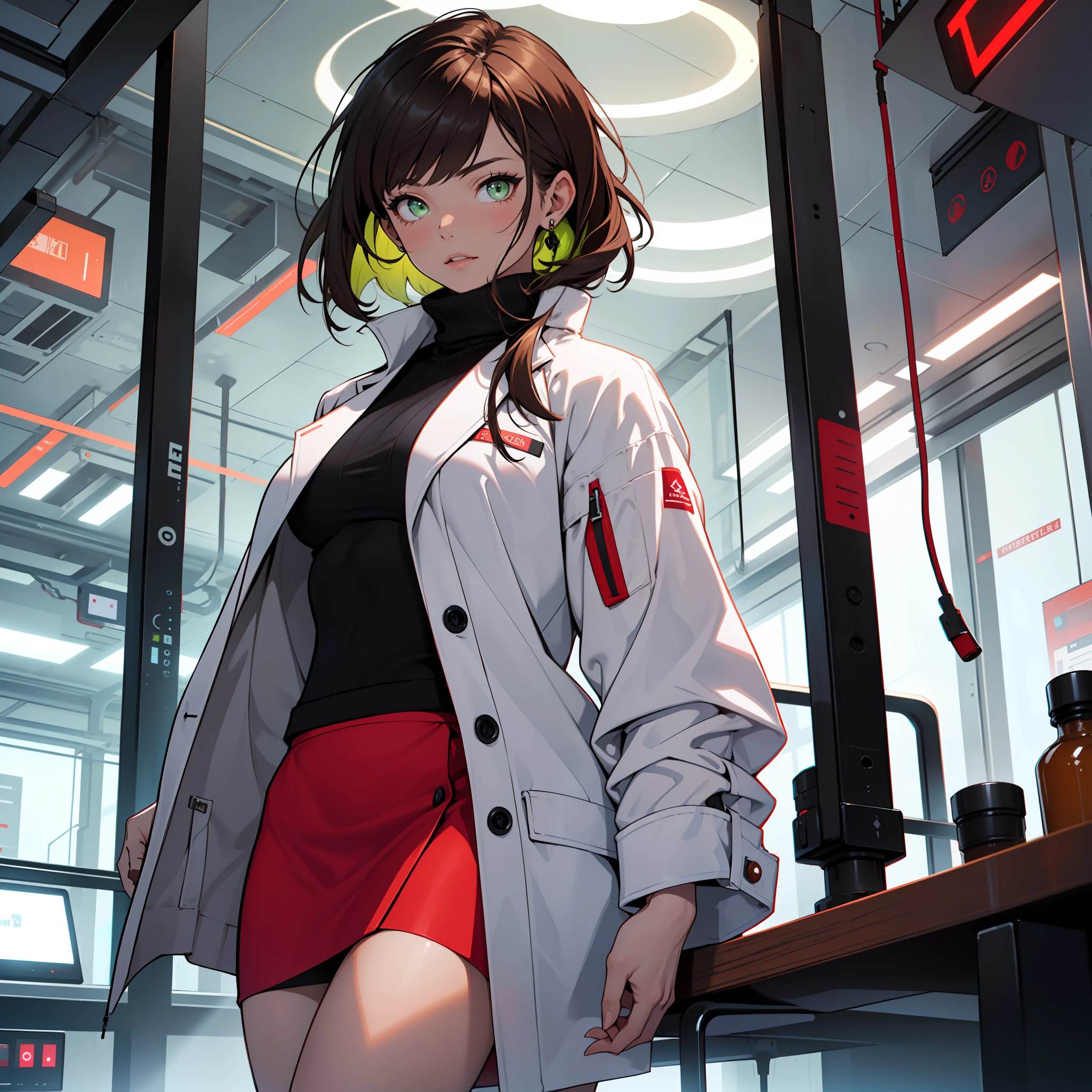 Best Category - Fashion Photography: 1girl, solo, mature female, dressed in a stylish (black turtleneck:1.2) and a vibrant (red hobble skirt:1.4), styled with a crisp white lab coat, Black high heels, have green eyes with brown brunette hair, in futuristic laboratory, brilliant, smart, calming figure, (look at viewer), (dutch shot:1.2)