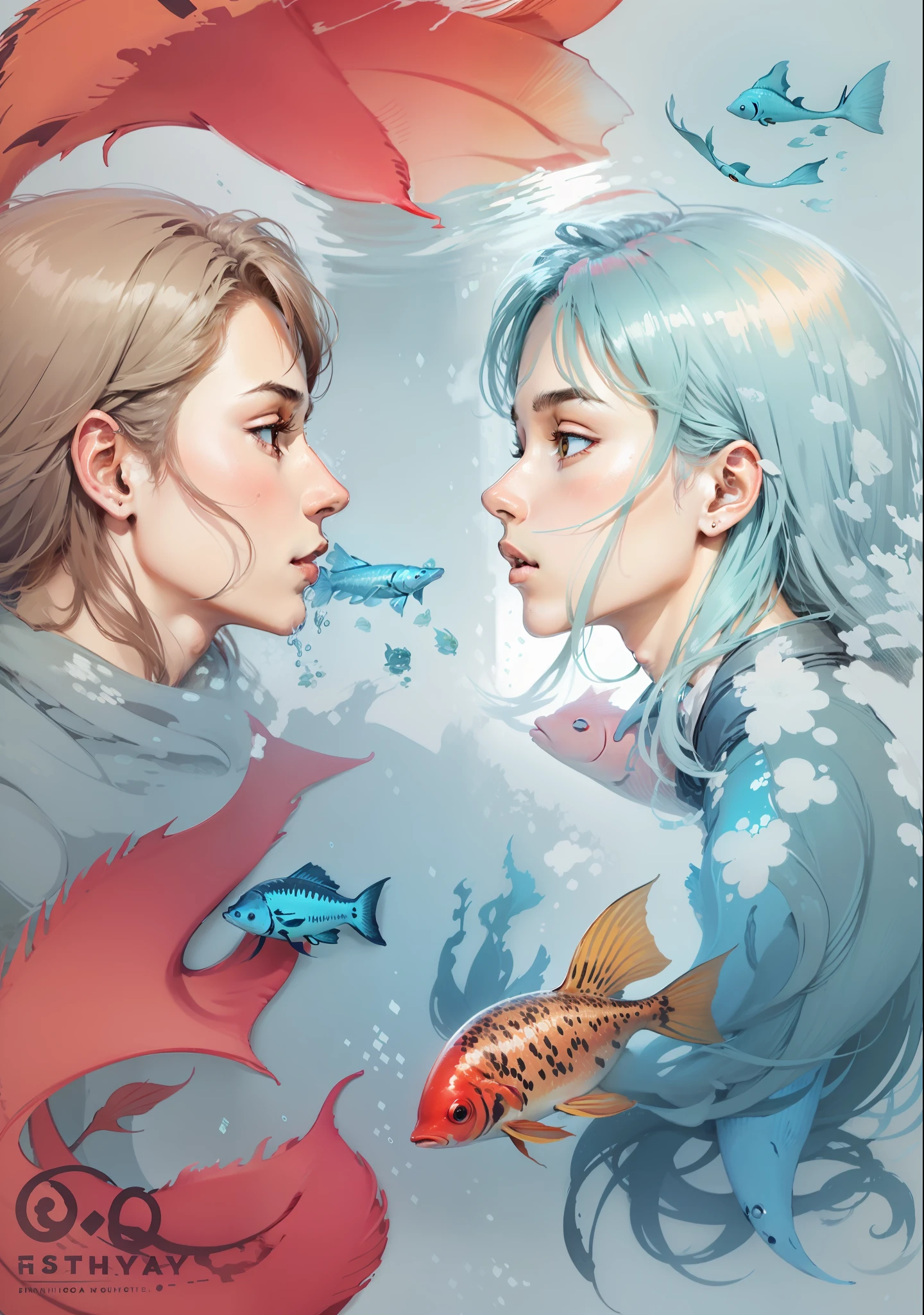 Double, long hair, handsome guy, fish swimming around