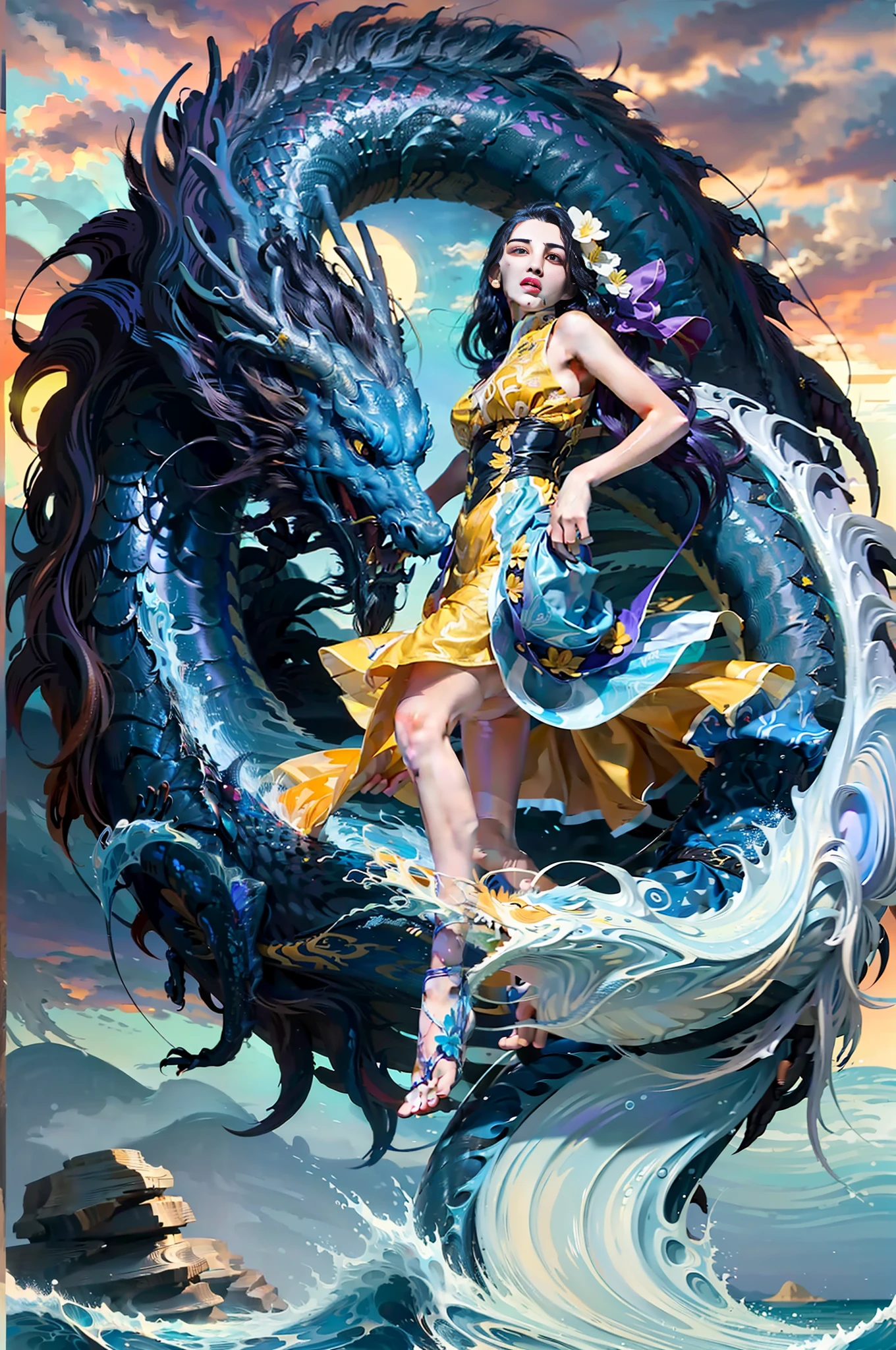 (Masterpiece, Top Quality, 4K, Best Quality, Girl, Long Hair, (Glow: 1.15), (Team: 1.1), (Flowers: 1.15), (Monarch: 1.05), Long Coat, Surrounded by Giant Chinese Dragon, light_blue_hair, Liquid Hair, Long Hair, Floating Hair, Standing, Sun Dress, Liquid Clothes, Water, Waves, Tsunami, Tides, Sea, Water Dress, Fantasy, High Contrast, Explosion, Overexposure, Purple and Red Tone Impression, Negative Space,