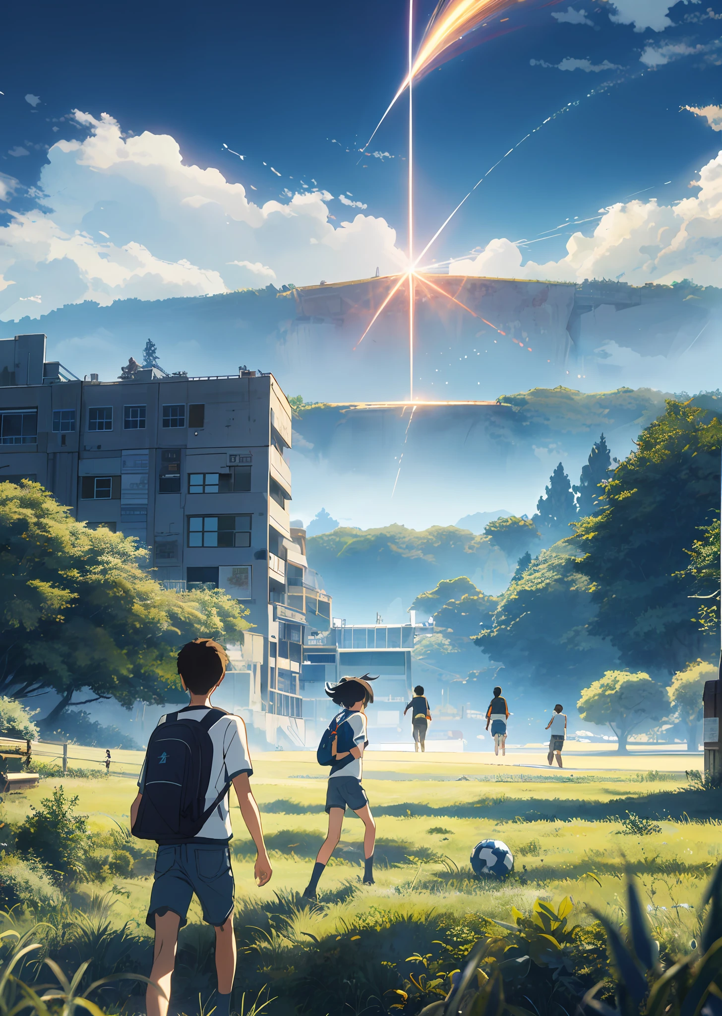 Vast sky, beautiful skyline, large grassland, strong tension and dramatic picture, moving visual effects, hanging North Star, colorful natural light. Boys and girls in white short-sleeved T-shirts and blue shorts, carrying school bags