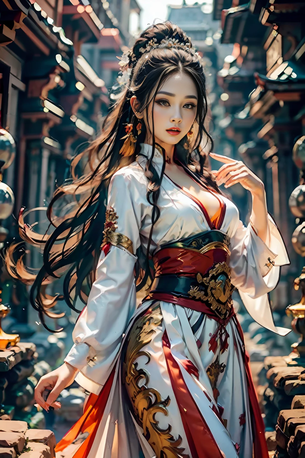 Best quality,masterpiece,ultra high res,(photorealistic:1.4),xiuxian,weapon,Detailed face,.1girl,solo,weapon,cleavage,(magic circle:1.2),xiuxian,upper body,Beautiful girl,full body,east asian architecture,sheath,architecture,.