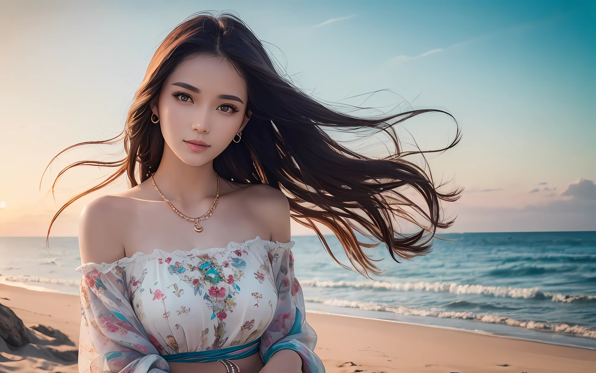 (upper body), (best quality:1.1) ,(photorealistic:1.1), (photography:1.1), (highly detailed:1.1), looking at viewer,armlet, Jade bracelet, eyelashes, happy, medium breasts,beautiful detailed girl, (extremely detailed eyes and face), (lighting on face),necklace,Colorful clothes, [chinese clothes],[off shoulder], (solo:1.2), sandbeach,sand,Standing by the seaside, summer, (beautiful detailed sky),