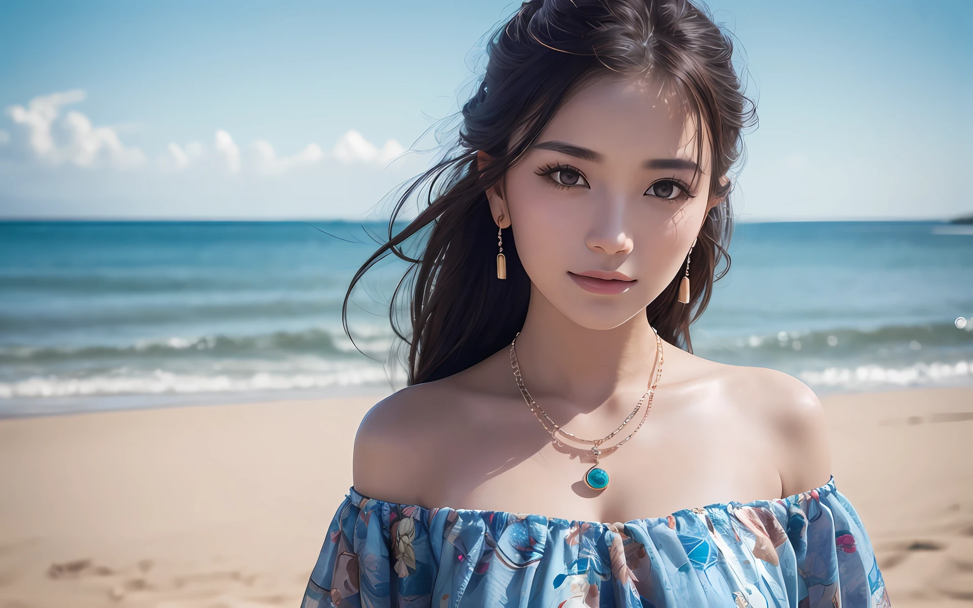 (upper body), (best quality:1.1) ,(photorealistic:1.1), (photography:1.1), (highly detailed:1.1), looking at viewer,armlet, Jade bracelet, eyelashes, happy, medium breasts,beautiful detailed girl, (extremely detailed eyes and face), (lighting on face),necklace,Colorful clothes, [chinese clothes],[off shoulder], (solo:1.2), sandbeach,sand,Standing by the seaside, summer, (beautiful detailed sky),