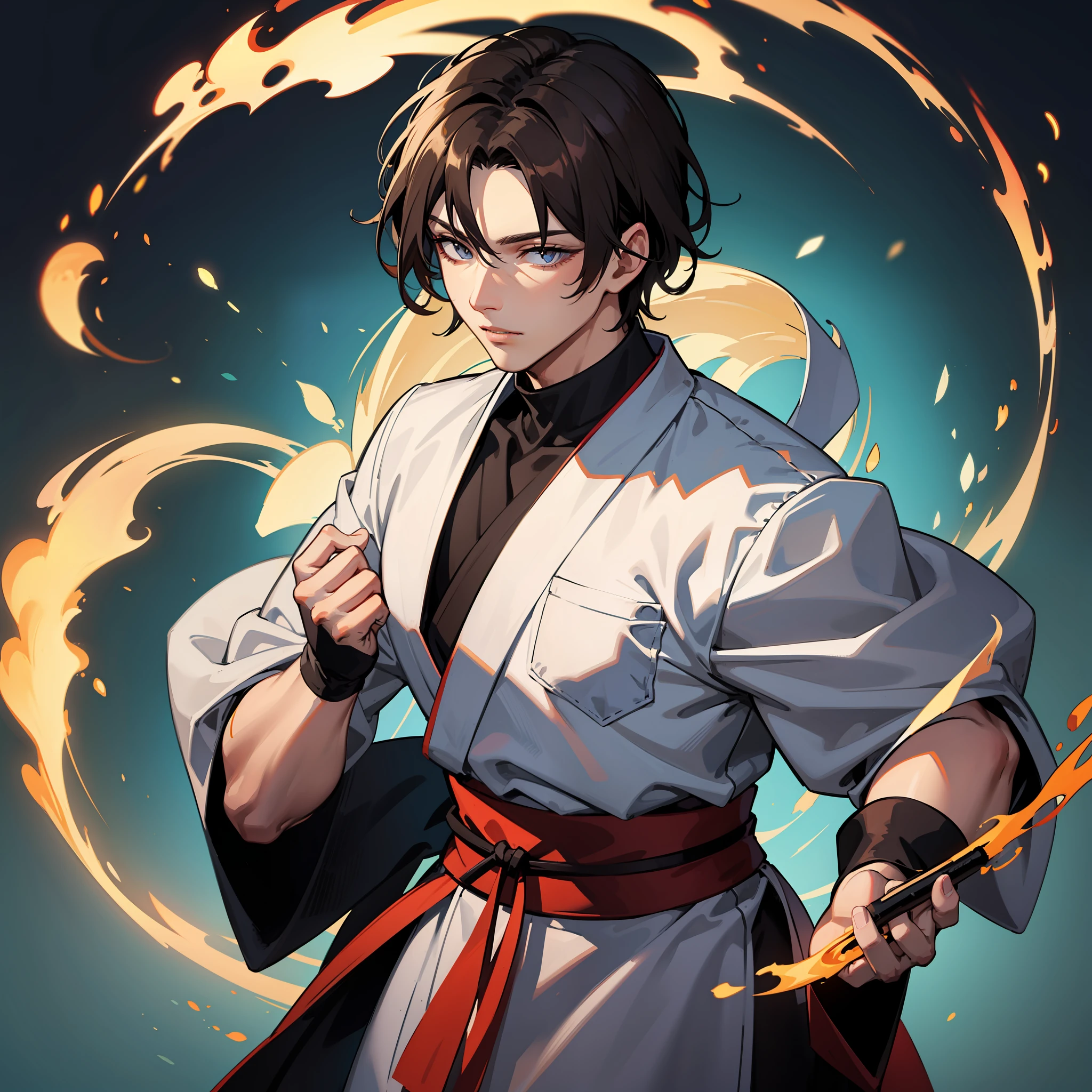 [Young ninja boy around a circle of fire], dark hair, white kimono clothing, dark eyes, fair skin