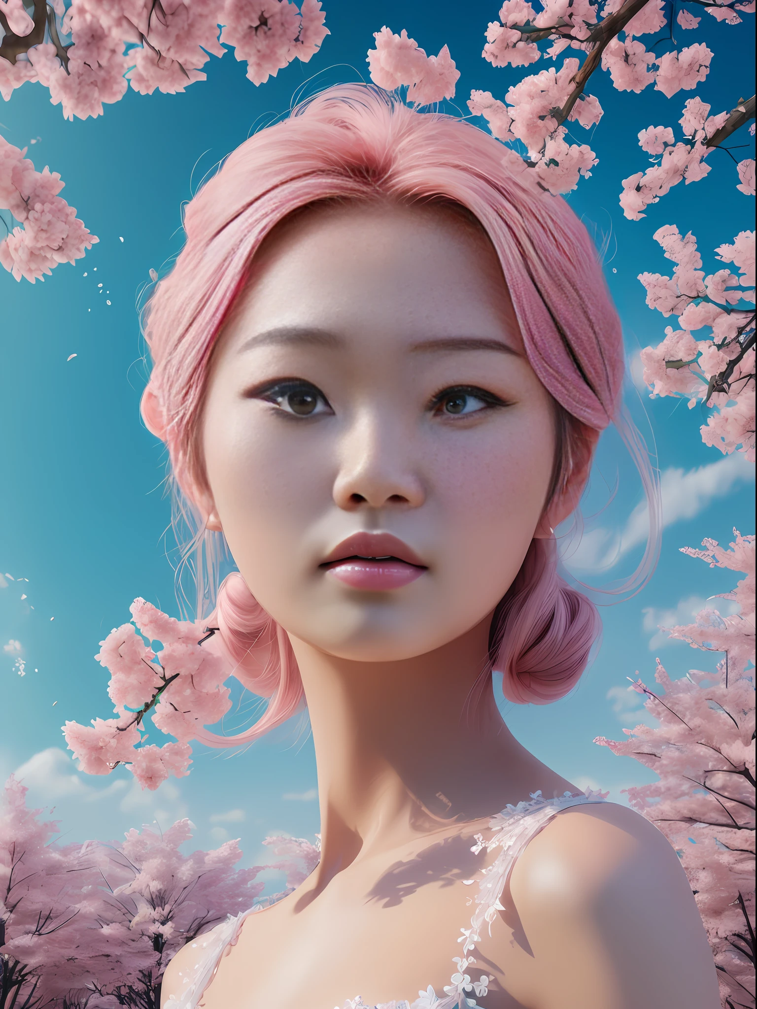 highly detailed digital art, surreal frozen landscape, (((a Woman in the surreal dream landscape))), a pink forest in the foreground, pink landscape, cotton candy trees, pink forest, cherry blossom forest, japonisme, 8k, masterpiece, anatomically correct, textured skin,celebrity image mashup, close-up, joong keun lee --ar3:4 --v5.1--style raw --auto