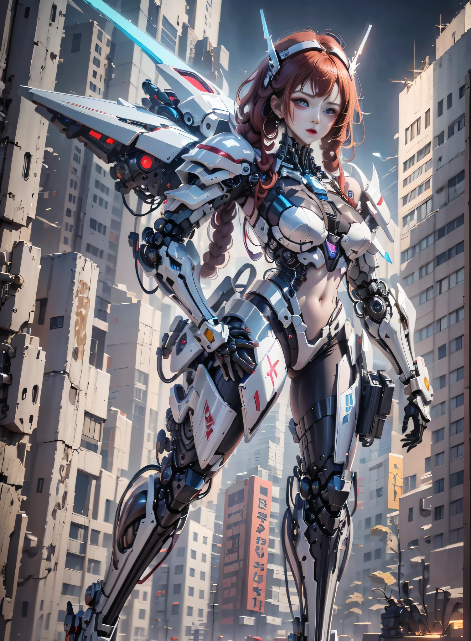 (highly detailed:1.5), (8k), futuristic mecha girl on the cover of a neon-lit science fiction magazine, style (cyberpunk:1.3), wearing an elegant battle suit with bright details, posing sensually, (bold typography:1.2), dynamic composition, vibrant colors, (Akira style:1.1), (inspired by Hajime Sorayama:1.2), full body, details in red, yellow, blue, white, combat position, detailed bikini, futuristic detailed kaneda bike, red hair with braids,