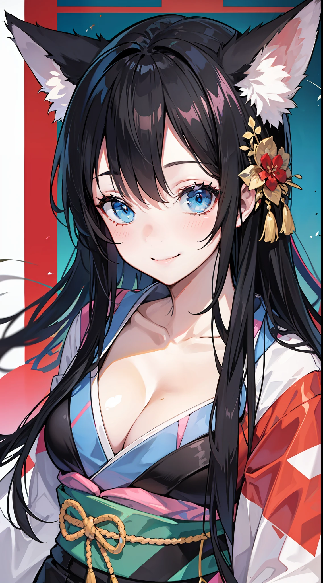 Adult woman, long black hair, blue eyes, white fox ears, open kimono, open chest, smile, masterpiece, high quality