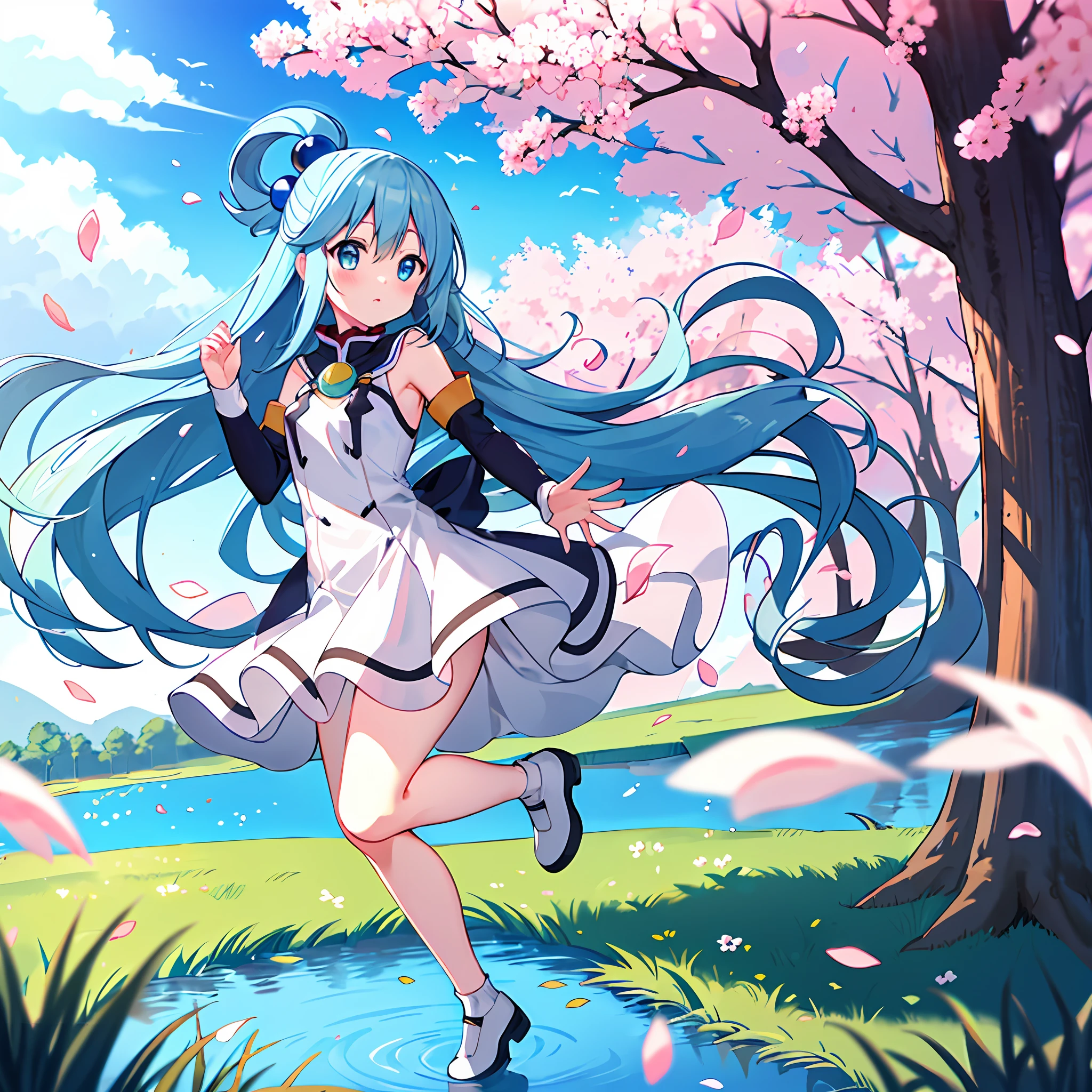 (Higher image quality), (Masterwork),(Detailed description of eyes),(Detailed description of face), 1girl (aqua_konosuba),blue eyes,light blue hair,(very long hair),very long hair (floating in the wind), hair ornament, white dress, small breasts, bare legs, white socks, leather shoes, arms and hands behind the back, blush, fluttering grass, (spring,  Sakura flowers), petals, (lens reflection), altocumulus, dazzling light, cool breeze, (shadow) of [a sakura tree], meadow, (the grass is growing and the birds are flying), (lake, surface reflection)