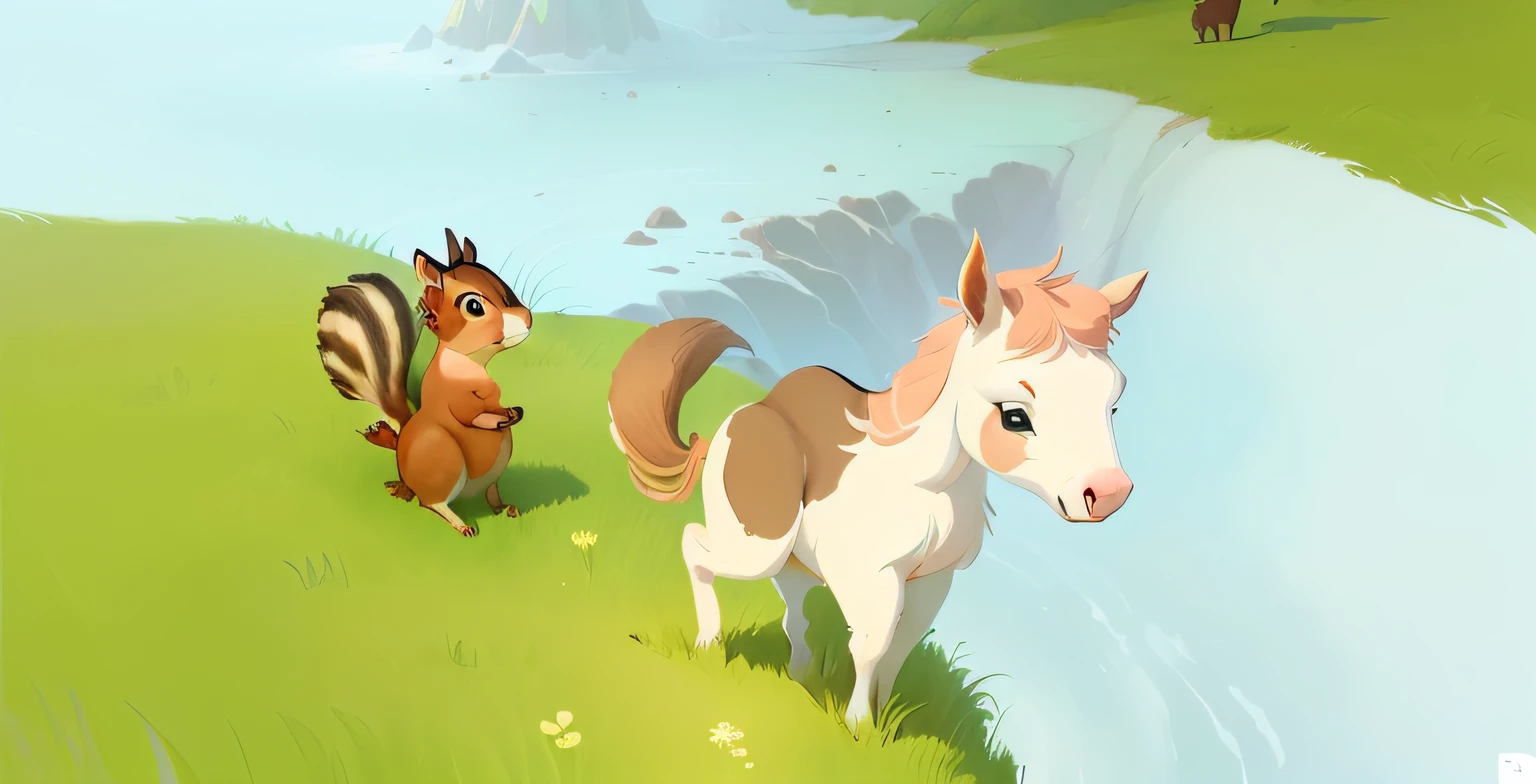 there is a cartoon horse and a squirrel standing in a field, adorable digital painting, animated film still, cute storybook illustration, animation film still, animated still, animation still, animated film, cute detailed digital art, cute forest creature, stylized concept art, story book illustration, animated movie still, brittney lee, animation illustrative style --auto