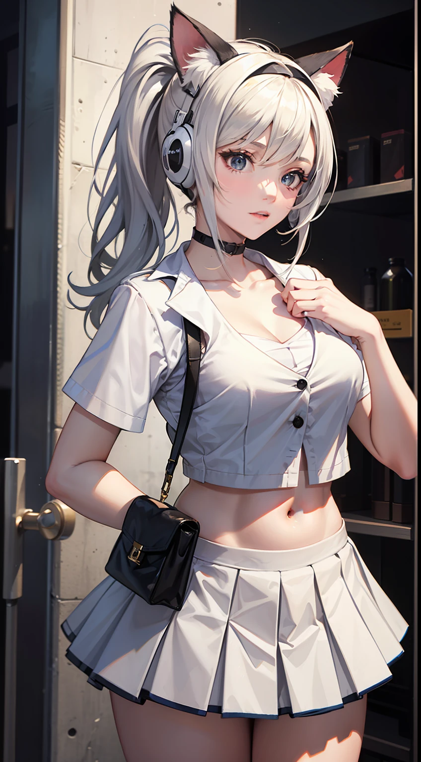 A girl, (adult female: 1.21), white short sleeves, with a white helmet, (collarbone: 1.1), (white vest: 1.11), (belly button), (white long hair: 1.1), ponytail, black eyes, Pleated skirts, skirts, busts, dove circles, carrier pigeons, cat helmets, Band-Aids, wounds, busts,