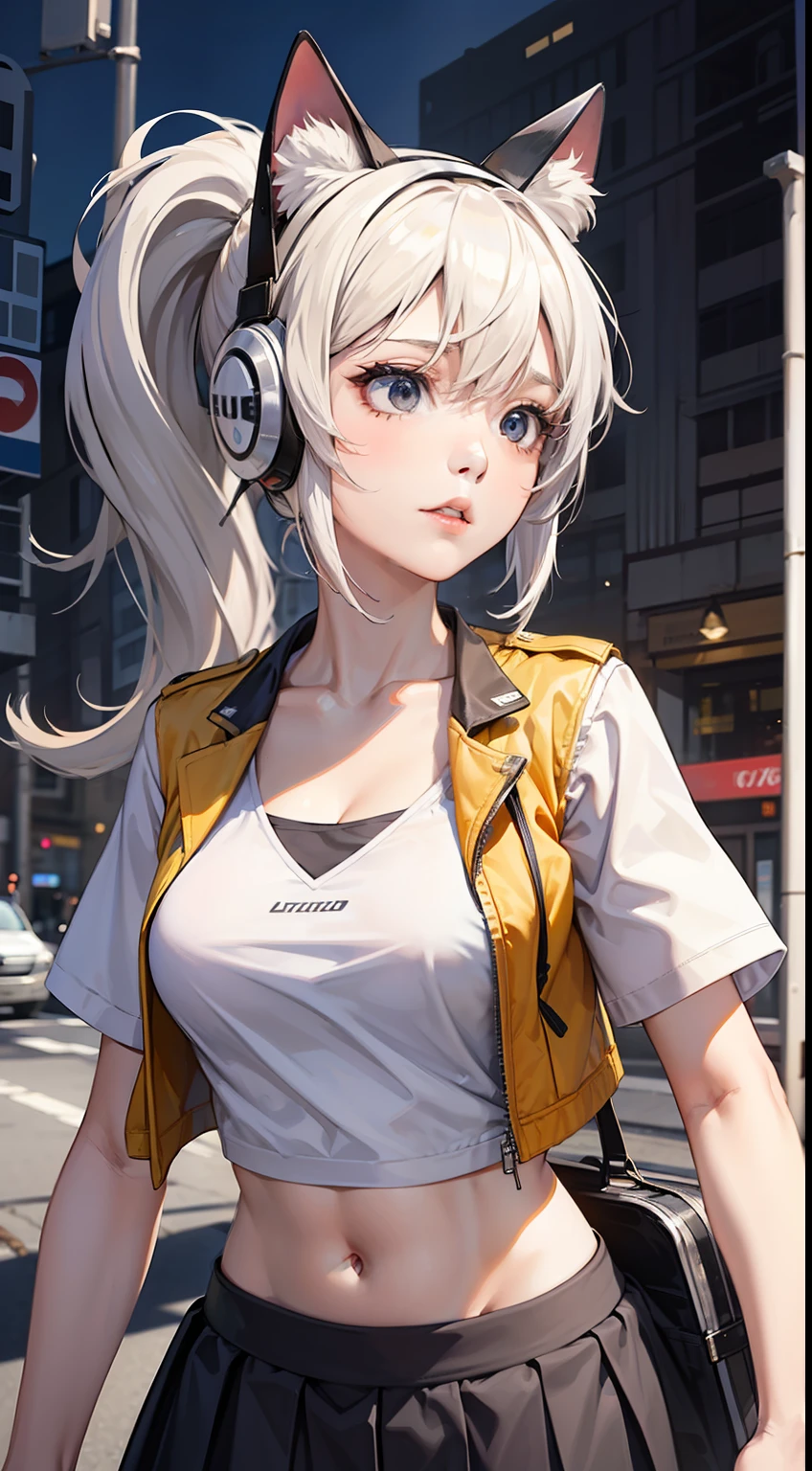 A girl, (adult female: 1.21), white short sleeves, with a white helmet, (collarbone: 1.1), (white vest: 1.11), (belly button), (white long hair: 1.1), ponytail, black eyes, Pleated skirts, skirts, busts, dove circles, carrier pigeons, cat helmets, Band-Aids, wounds, busts,