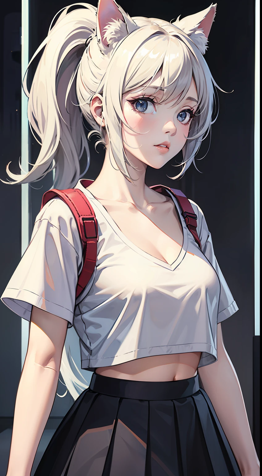A girl, (adult female: 1.21), white short sleeves, with a white helmet, (collarbone: 1.1), (white vest: 1.11), (belly button), (white long hair: 1.1), ponytail, black eyes, Pleated skirts, skirts, busts, dove circles, carrier pigeons, cat helmets, Band-Aids, wounds, busts,