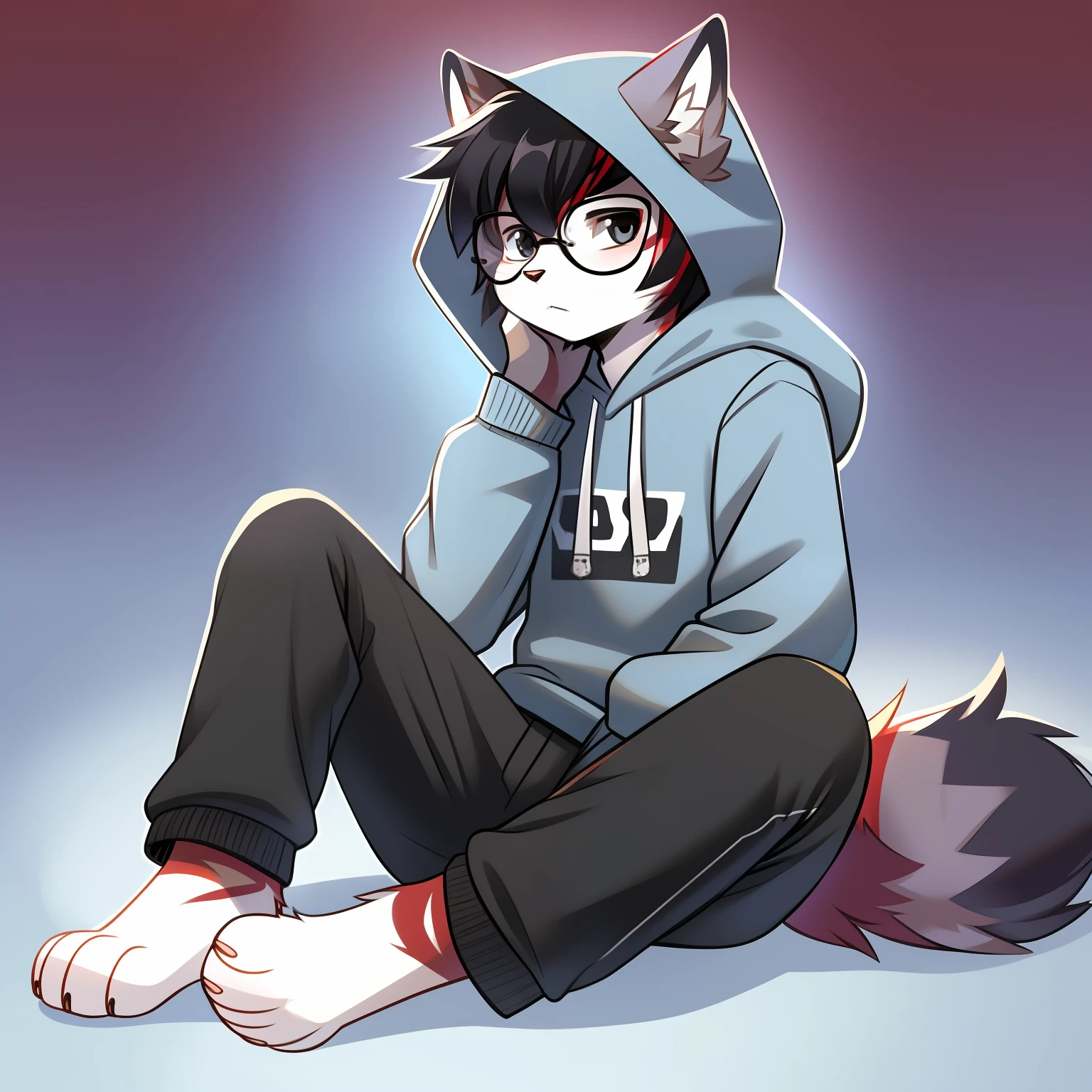 Furry, black-eyed, soloist, hairy male, minor, full body fur, fluffy fur, white paws, blue-white fur, dark blue sweatshirt, black trousers, black hair, gray ears, gradient hair, multicolored hair, black glasses, fluffy tail, red stripes, short hair, blunt bangs, hood, boring, serious, black hair, reference sheet