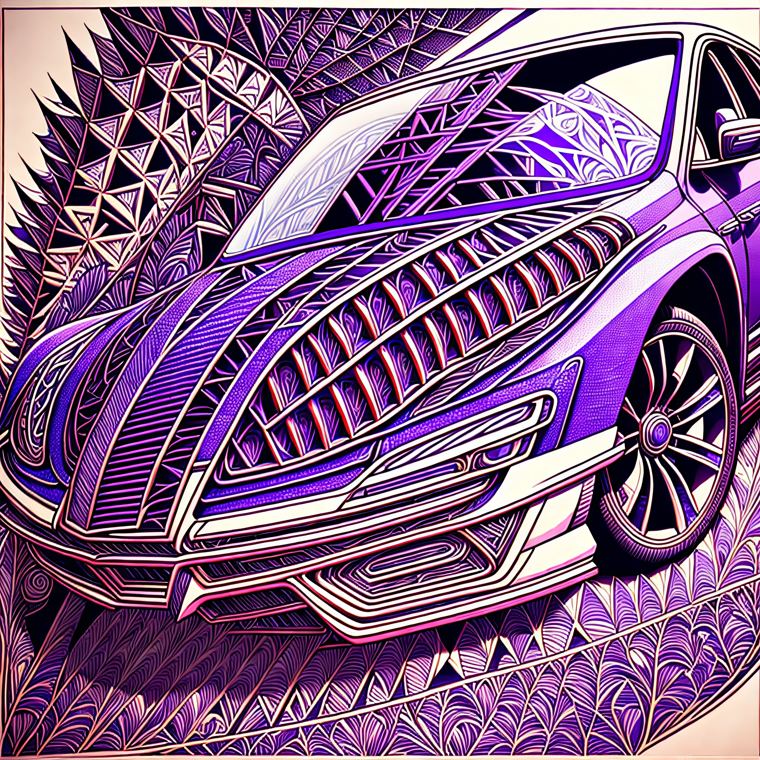 (best quality) ultra-detailed, a car, intricate linework, highly detailed illustration, perfect composition, beautiful and stunning, dynamic angle, high contrast, incredible shading, incredible detail, unique style, red and purple details, (dark and mystical atmosphere), intricate and detailed nature elements. --auto --s2