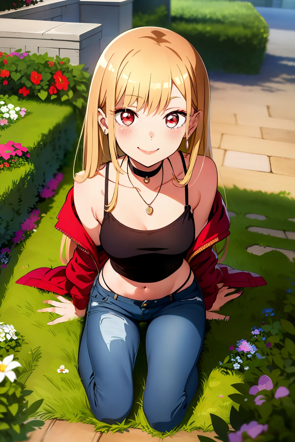 kitagawa marin, kitabkn, kneeling on futon, floating hair, blushed, lewd smile, masterpiece, best quality, highly detailed, (Detailed scenery in background: street sidewalk, garden, houses), low jeans, open braggado, red tank top, jacket off shoulder, choker, small breasts, bust 86cm, lascivious body, walking on the street, pov from above, Sexual expression, Corada,