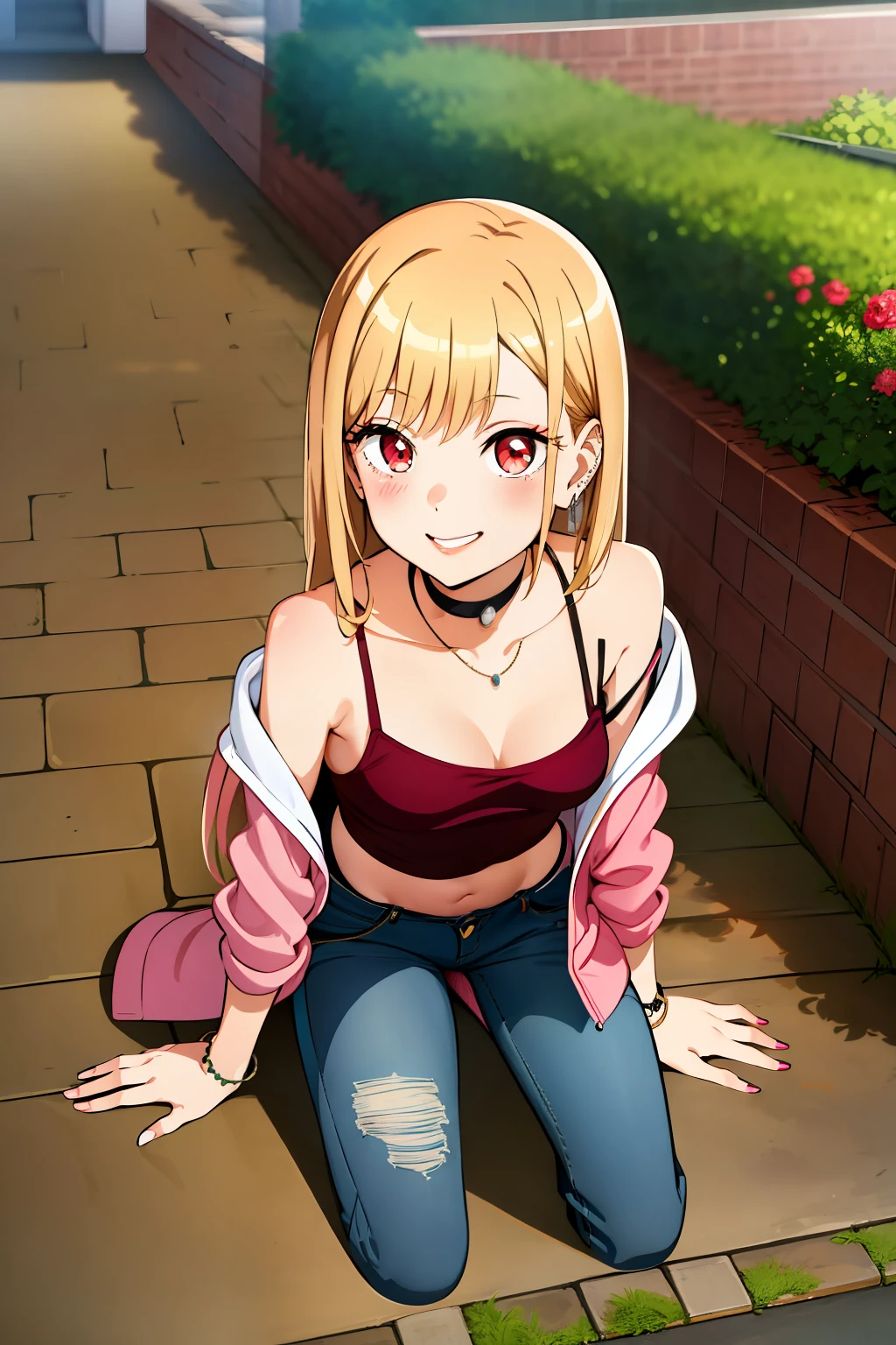 kitagawa marin, kitabkn, kneeling on futon, floating hair, blushed, lewd smile, masterpiece, best quality, highly detailed, (Detailed scenery in background: street sidewalk, garden, houses), low jeans, open braggado, red tank top, jacket off shoulder, choker, small breasts, bust 86cm, lascivious body, walking on the street, pov from above, Sexual expression, Corada,