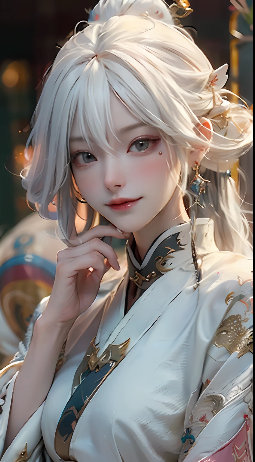 Masterpiece, best quality, making friends with Chinese dragon, funny, happy, bright, dragon, close-up of a woman with white hair and white mask, beautiful figure painting, guviz, guviz style artwork, white-haired god, Yang J, epic exquisite character art, amazing character art, fan qi, wu zhun shifan, guwiz in pixiv art station