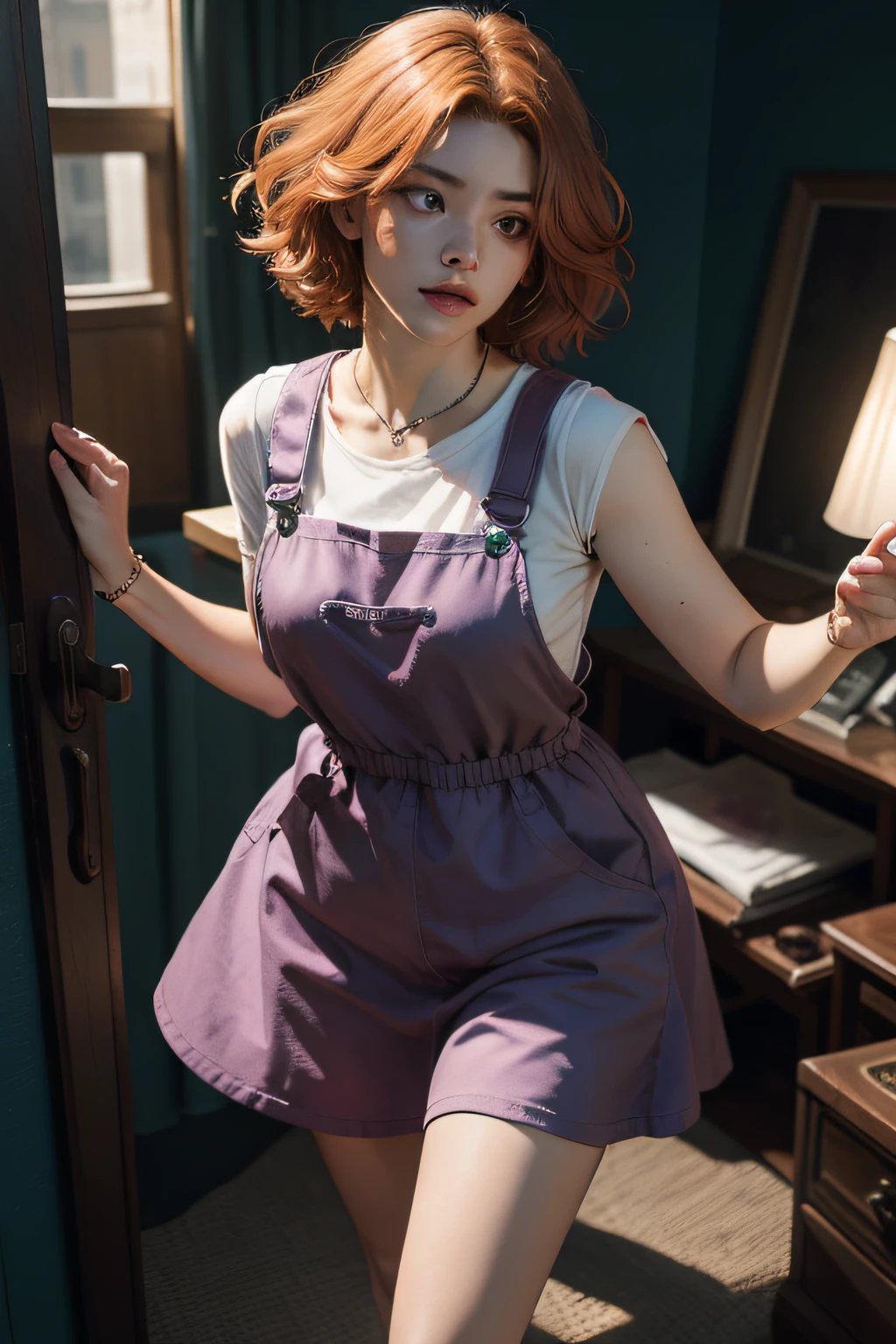 concept art, overhead angle of a Will-o'-the-wisp, wearing Funny Somali Emerald deep orange Pinafore, Caramel hair styled as Short hair, fluorescent purple Hair tie, equirectangular 360, Highres,  [(art by Willi Baumeister:1.1), (art by John T. Biggers:1.2)::17], official art, unity 8k wallpaper, ultra detailed, aesthetic, masterpiece, best quality, photorealistic