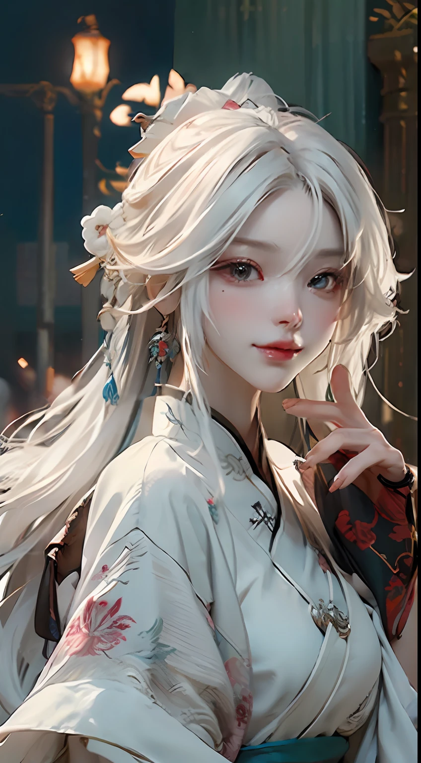 Masterpiece, best quality, making friends with Chinese dragon, funny, happy, bright, dragon, close-up of a woman with white hair and white mask, beautiful figure painting, guviz, guviz style artwork, white-haired god, Yang J, epic exquisite character art, amazing character art, fan qi, wu zhun shifan, guwiz in pixiv art station