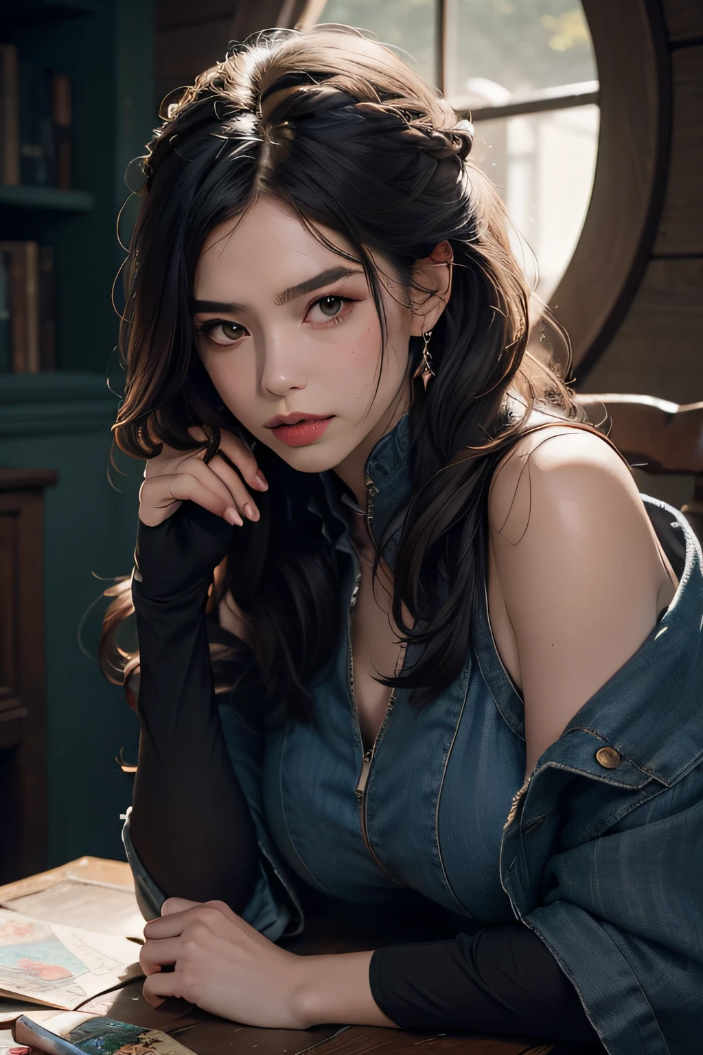1girl, waist up, hanfu fashion, concept art, extreme close-up shot of a Geeky Man, wearing Vibrant Coif, Yoga pose, Vibrant hair styled as Shoulder-length, Rough sketch, stonepunk, Moonlight, Fish-eye Lens, sunbeam, Concept artist, (art by Jean Arp:1.2), official art, unity 8k wallpaper, ultra detailed, aesthetic, masterpiece, best quality, photorealistic