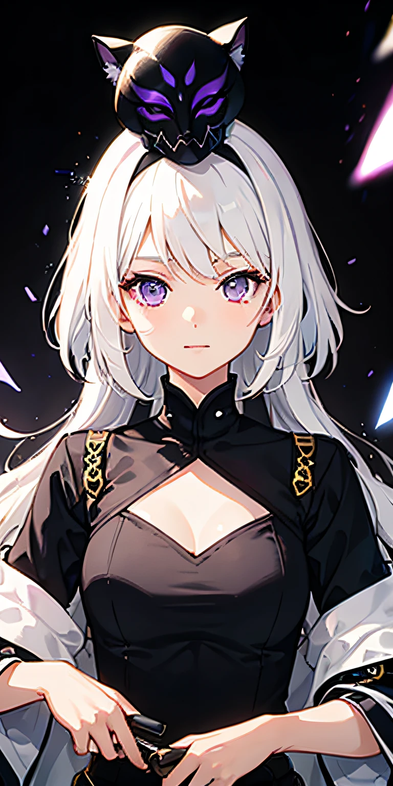 1girl, white hair, multicolored hair, purple eyes, mask on head, sidelighting, light particles, wallpaper,