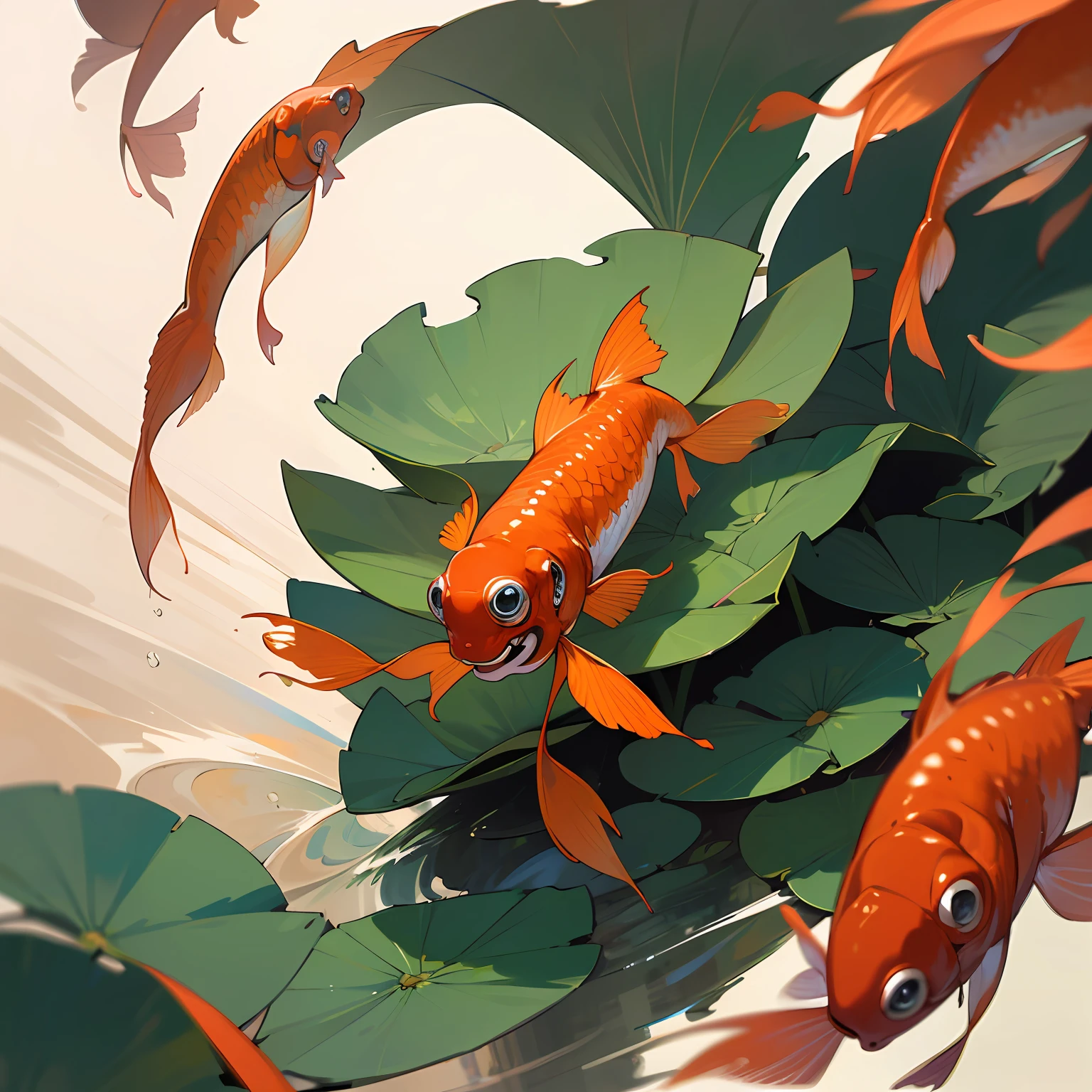 (Exaggerated perspective), (Water waves), (Lots of lotus leaves), (Exaggerated composition), (Chinoiserie), (Mechanical punk), (Big-eyed goldfish) --auto