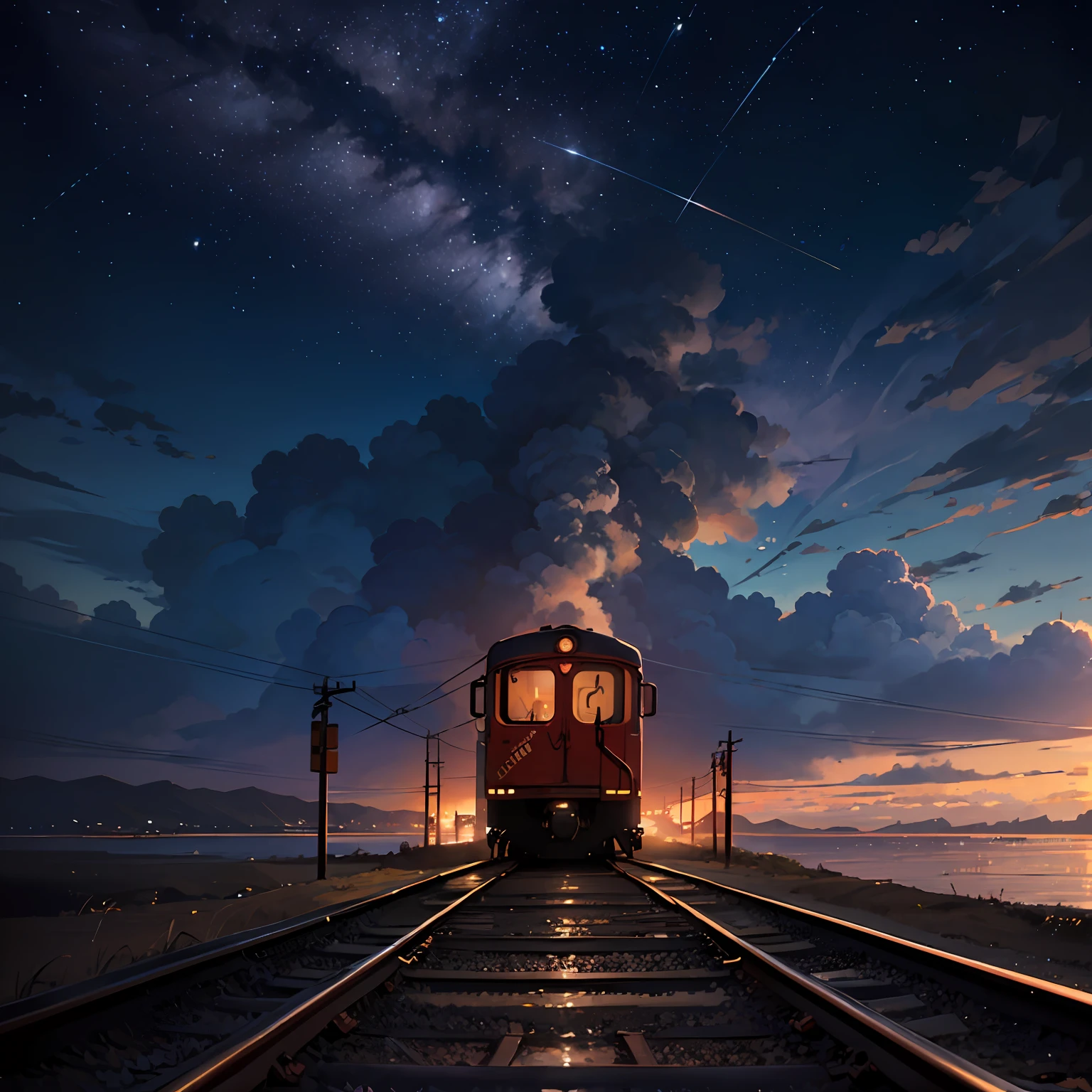 High quality masterpiece, landscape, anime train passing through bodies of water on tracks, bright starry sky. Romantic train, pixiv, concept art, lofi art style, reflection. by Makoto Shinkai, lofi art, Beautiful anime scene, Anime landscape, detailed scenery —width 672, in style of Makoto shinkai, style of Makoto shinkai, enhanced details. --auto