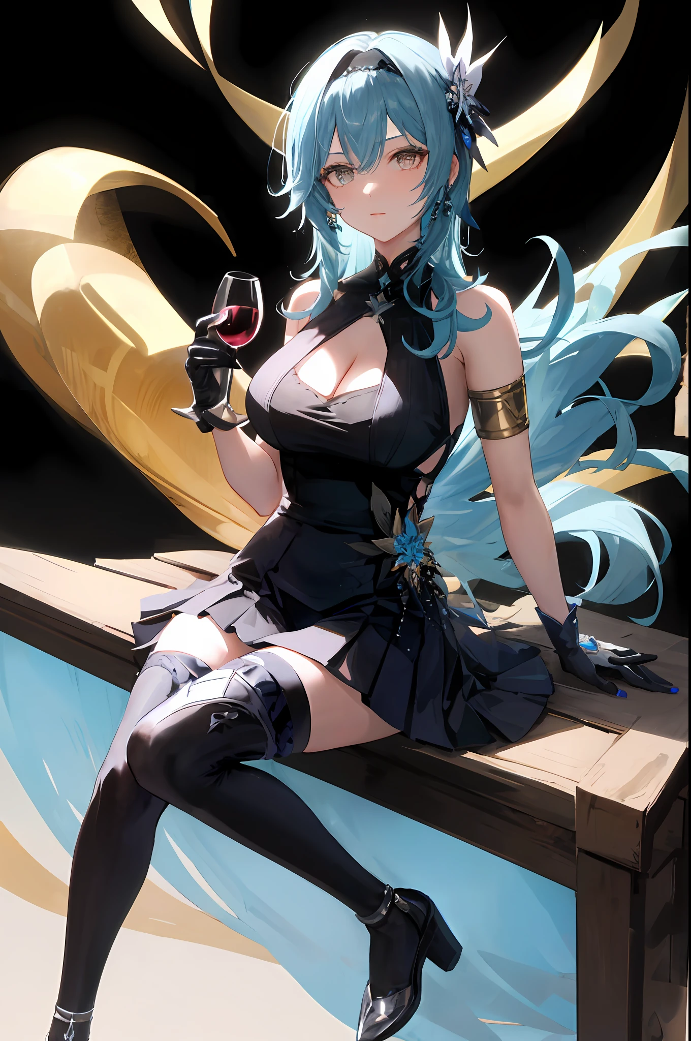 Eula, genshin impact, 1girl, alcohol, alternate costume, armlet, bare shoulders, black background, black dress, black gloves, black thighhighs, breasts, cleavage, criss-cross halter, cup, dress, drinking glass, flower, gloves, gradient background, hair between eyes, hair ornament, halterneck, holding, holding cup, large breasts, long hair, looking at viewer, blue hair, blue short nails, see-through gloves, solo, thighhighs, thighs, wine, wine glass, ((masterpiece)) pleated black skirt, sitting,