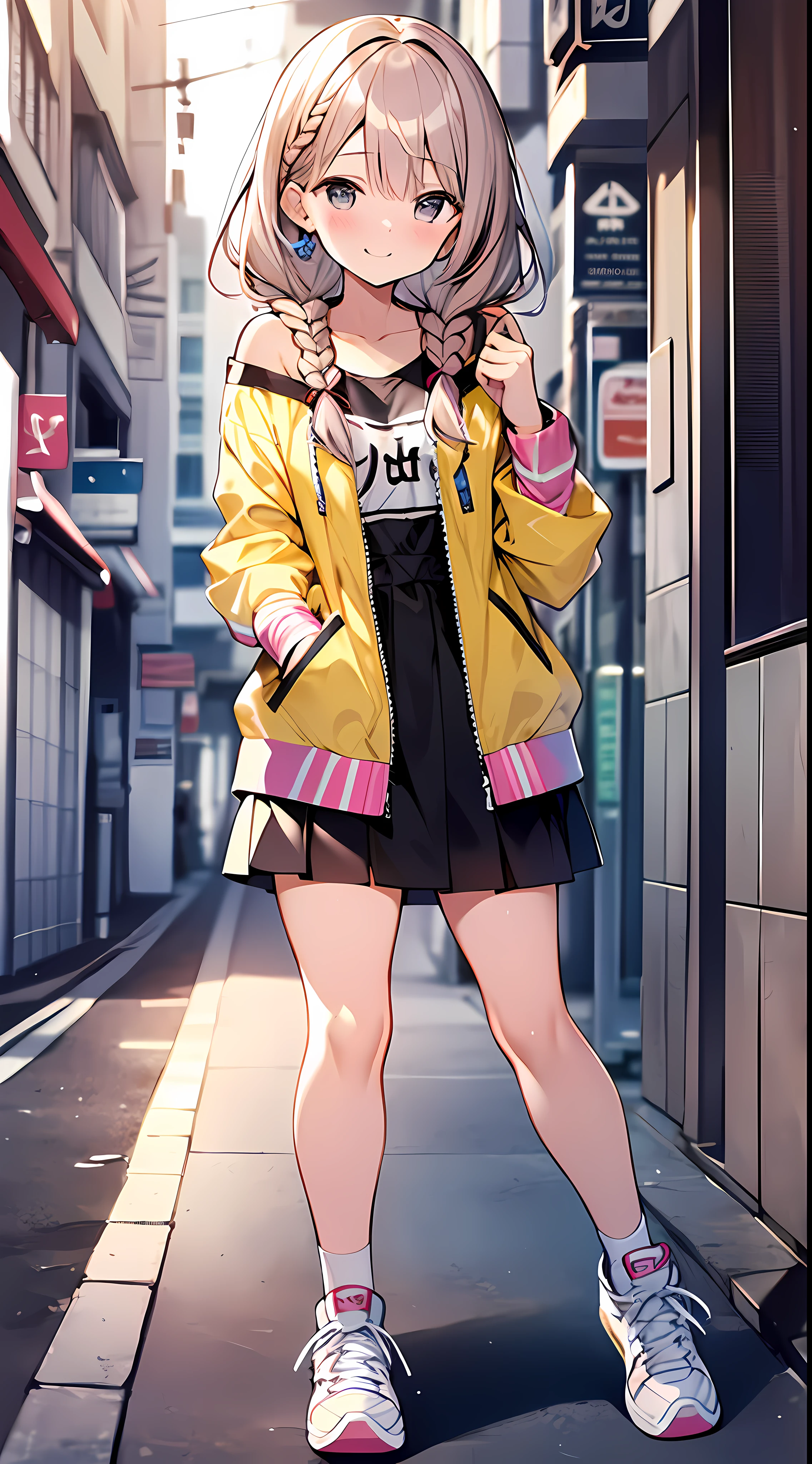 (ridiculous absolute resolution: 1.5), master piece, ultra high definition, 8k, (pastel colored jackets, sneakers, skirts) BREAK shoujo manga style, (LOLI), soft line art, digital enhancement, shoujo manga touch, shojo manga core, ((hair length to shoulders))), (short braid)), (happy and shy look), Beautiful and mysterious: 1.5, Best quality: 1.3