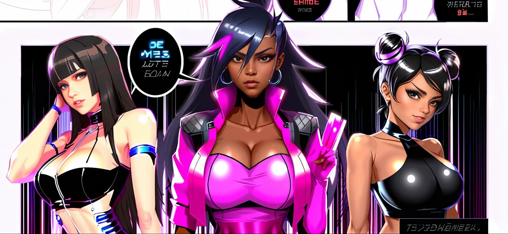 there are three different pictures of a woman in a bikini, black anime manga girl, colored manga panel, cyborg merchant girl, oppai cyberpunk, anya from spy x family, cyberpunk angry gorgeous goddess, color manga panel, marvelous expression, nerdy black girl super hero, afrofuturism anime, as a character in tekken, cyborg merchant woman, digitally colored, anime girl named lucy