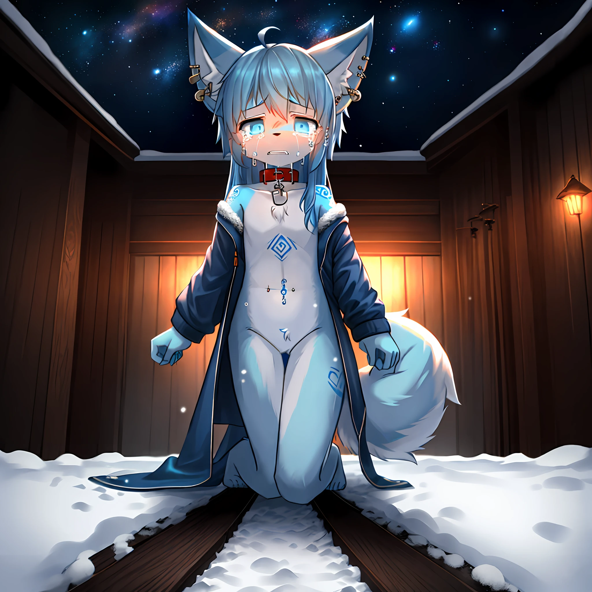 POV furry art, shota, long hair, blue eyes, glowing eyes, girl boy, snowfall, In the middle of the night, Fox Ears, navy blue ears, Fox Tail, Dark blue fox, dark blue jacket, cute, collar, two tails, space katana, fur body, naked body,Girls all over, the lower body is, Snow fox, personagem, Masterpiece, Fluffy Tail, currents,,the highest picture quality, 8K, FULL HD, tattooed,naked body, winter,,, light blue hair, , child, gallows, struggling,begging for mercy, crying, Killed,The expression is painful and desperate,Hanged and choked,Fluffy hair,nude,Abuse,hdt,Hanged and choked,gallows,Suffering,The long sword runs through the chest,strangled,Struggling painfully,Being pierced into the ground