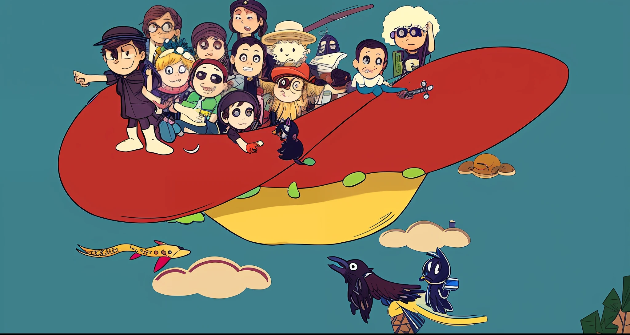 cartoon of a group of people flying in a beach hat, sky!, official fanart, fanart, high quality fanart, detailed fanart, pixiv contest winner, video game fanart, inspired by Winsor McCay, added detail, chibi, sky!, [concept art]!, duck-themed spaceship, very crowded, discworld theme, fanart", colorful comics, video game still