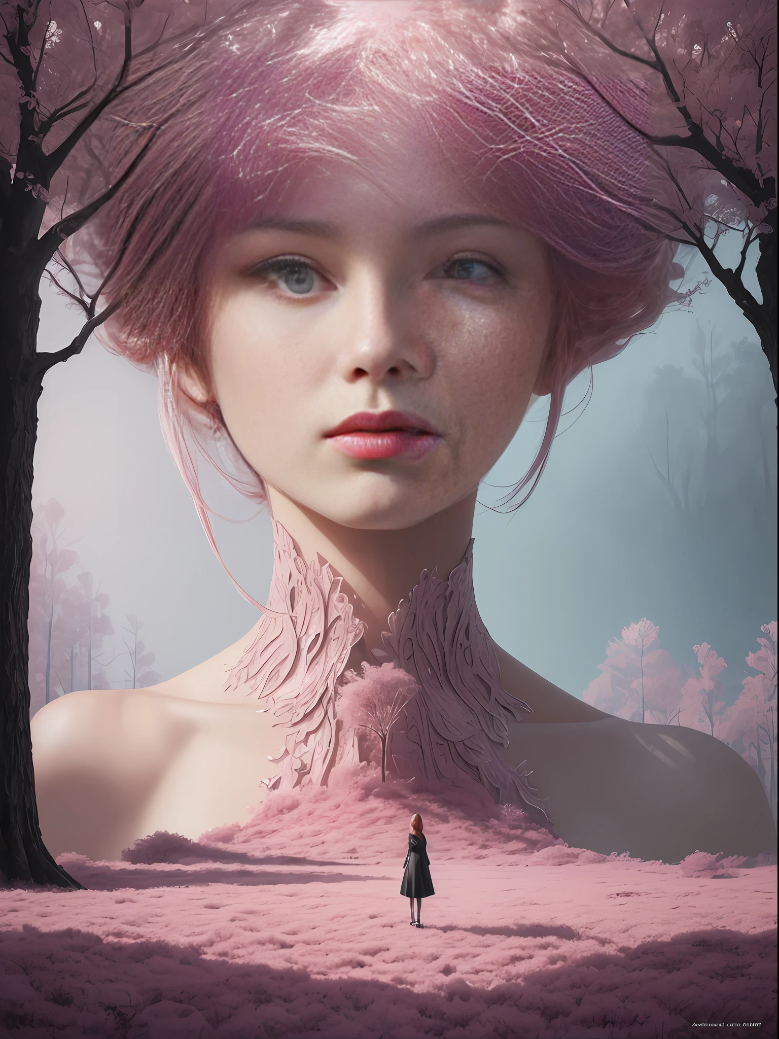 (((a Woman in the surreal dream landscape))), a pink forest in the foreground,highly detailed digital art, surreal frozen landscape, pink forest,  8k, masterpiece, anatomically correct, textured skin，celebrity image mashup, close-up, joong keun lee --ar3:4 --v5.1--style raw --auto