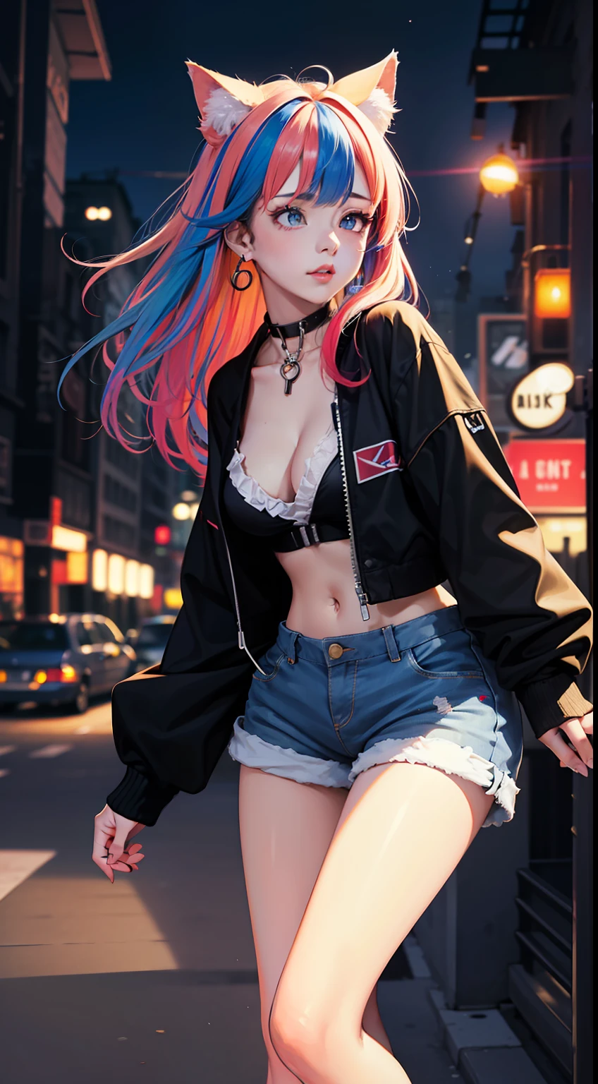 4k,CG Digital rendering,wallpaper,illustration,absurdres,Ultra HD,incredibly absurdres,masterpiece,amazing,finely detail,original,beautiful-detailed eyes,tyndall effect,dynamic angle,cyberpunk city,night,
(1girl:1.5),(solo),((streetwear)),toon,medium breasts,nsfw,shorts,((Sexual suggestion)),(standing),leaning forward,earrings,cat_ears,ribbon choker,(cleavage),((colorful streaked hair)),((( gradient hair))),
neon light,, ((painting, canvas, fine art)), detailedHDR, portrait, 50mm, F/2.8, 1m away,