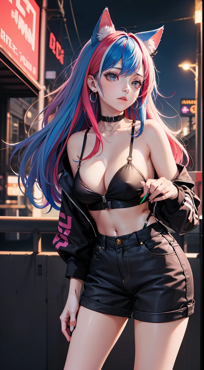 4k,CG Digital rendering,wallpaper,illustration,absurdres,Ultra HD,incredibly absurdres,masterpiece,amazing,finely detail,original,beautiful-detailed eyes,tyndall effect,dynamic angle,cyberpunk city,night,
(1girl:1.5),(solo),((streetwear)),toon,medium breasts,nsfw,shorts,((Sexual suggestion)),(standing),leaning forward,earrings,cat_ears,ribbon choker,(cleavage),((colorful streaked hair)),((( gradient hair))),
neon light,, ((painting, canvas, fine art)), detailedHDR, portrait, 50mm, F/2.8, 1m away,