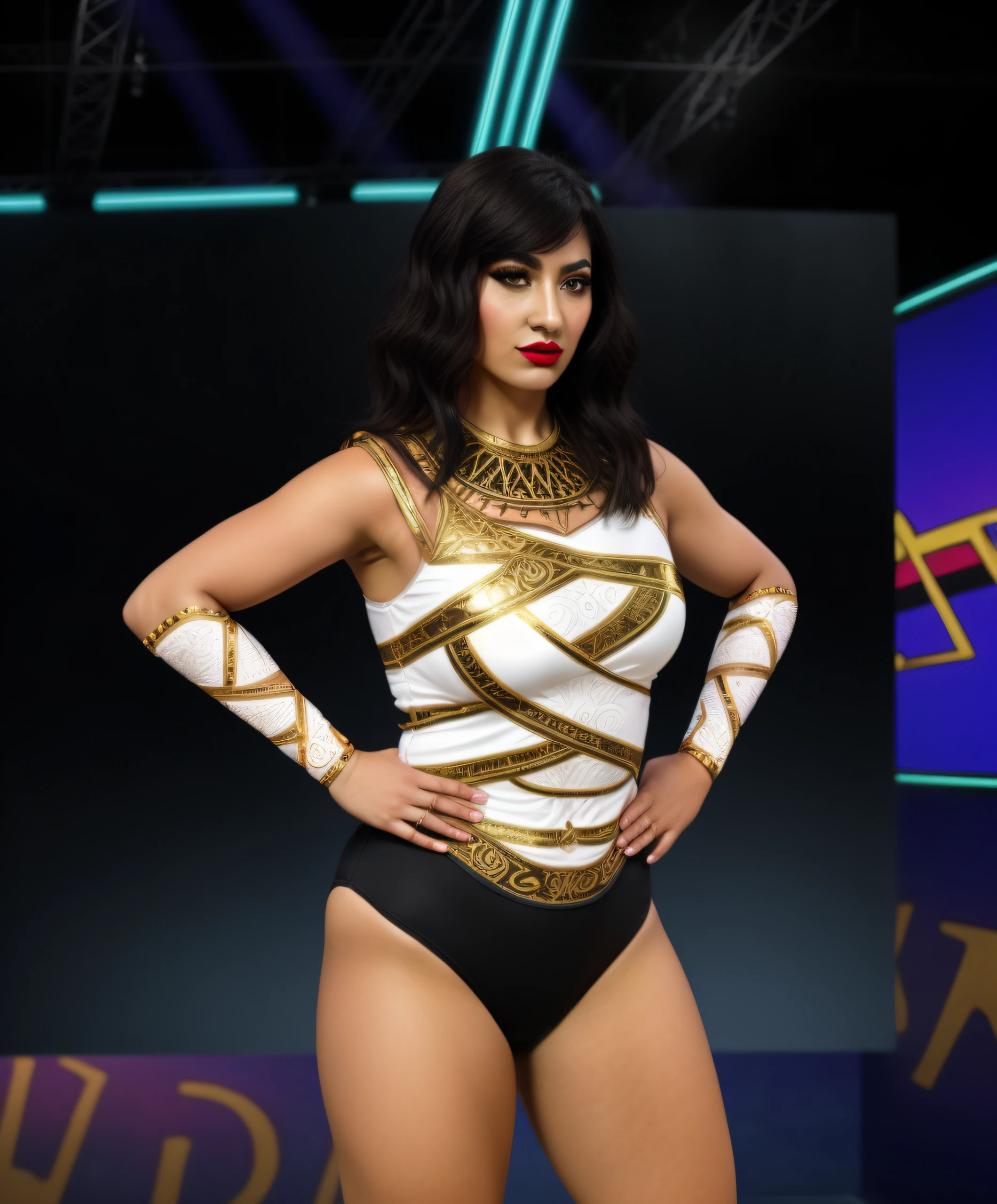 Curvy Latina Wrestler in white black and gold high cut leotard, black and gold bracers, Egyptian motif, wearing makeup and lipstick, photo realistic, intricate details,