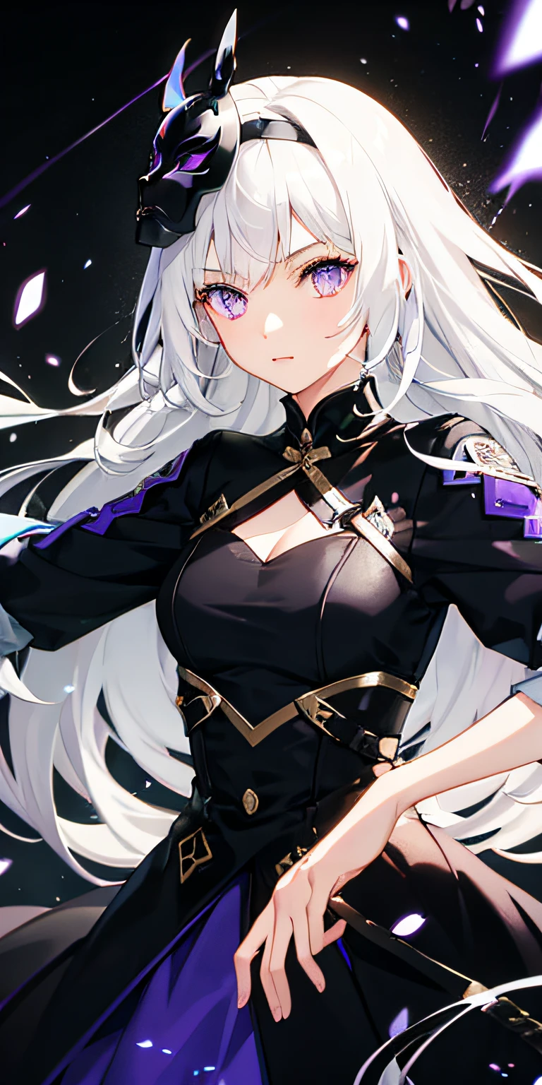1girl, white hair, multicolored hair, purple eyes, mask on head, sidelighting, light particles, wallpaper,