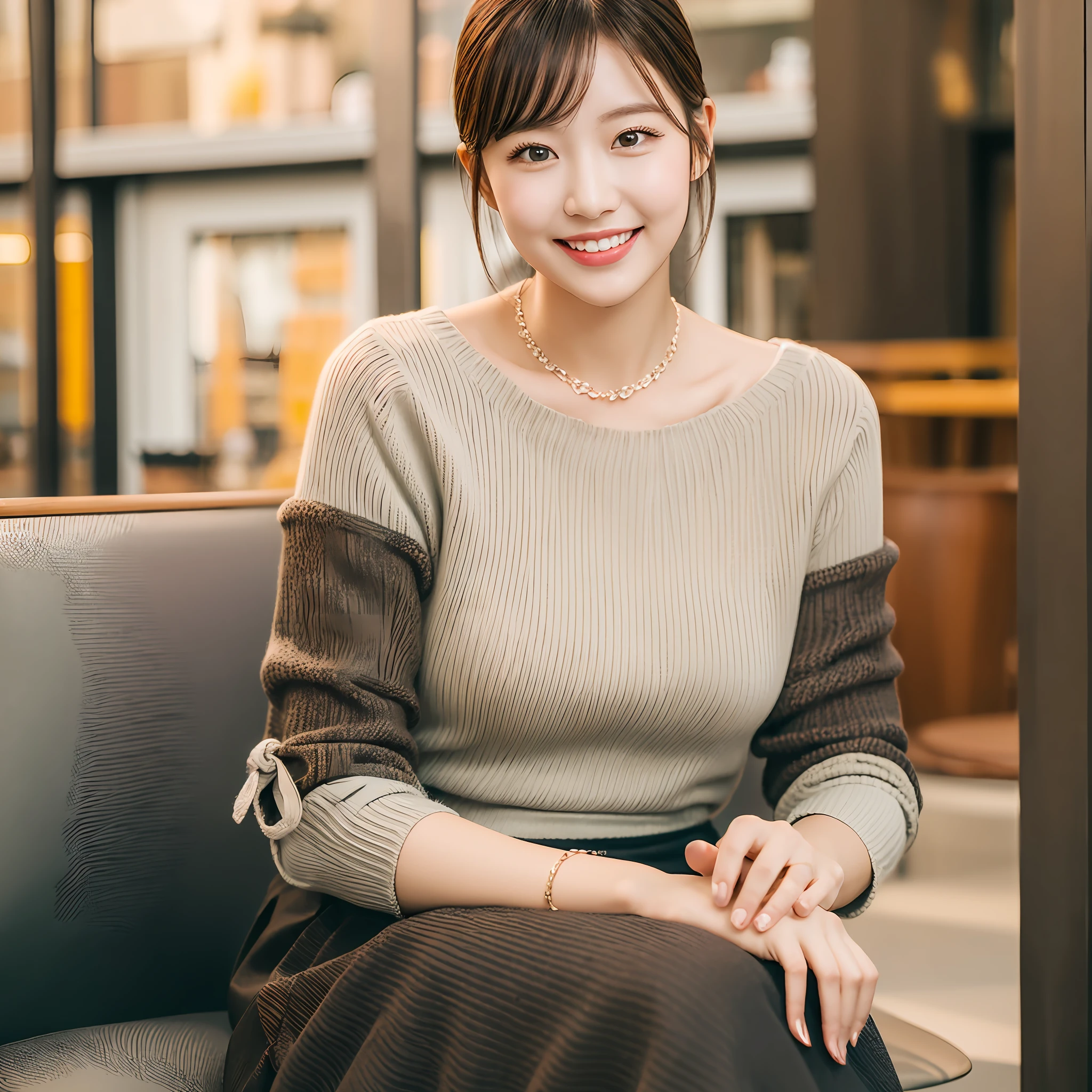8k uhd, dslr,film grain, Fujifilm XT3,(best quality:1.3), (masterpiece:1.1), high resolution, cinematic light, intricate details, (photorealistic),outside,beautiful outside,sunny,
korean girl,(in cafe:1.5) , dimples, bobcut, looking at viewer, detailed trees, ribbons, bowties, bare shoulders, ribbed sweater, 
pencil skirt, high-waist skirt, head rest, sitting, indoors,
 necklace,black hose, sheet transportation sweater, (smile),(full body:1.6),slender,