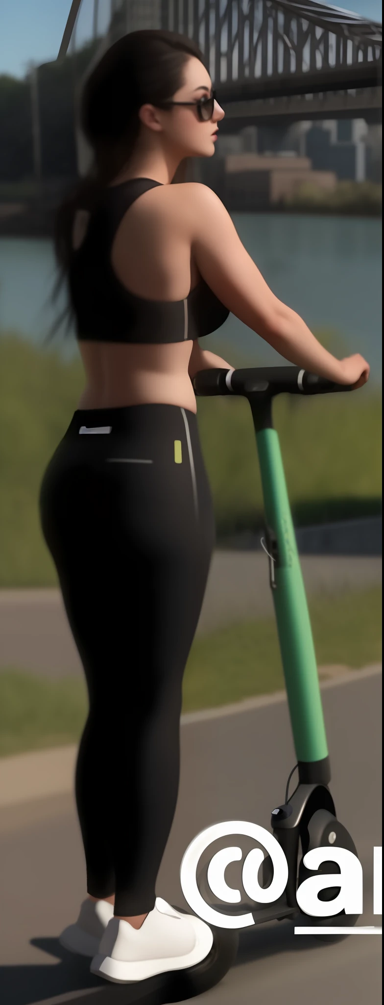 scooter on a paved road near a river, thicc, leaked images, big booty, with a park in the background, woman is bent, big thighs, thighs, she has a round fat belly shaken, big hips, wide hips, park in the background, pawg, Medium Waist Shot Up, leaky photo, green legs
