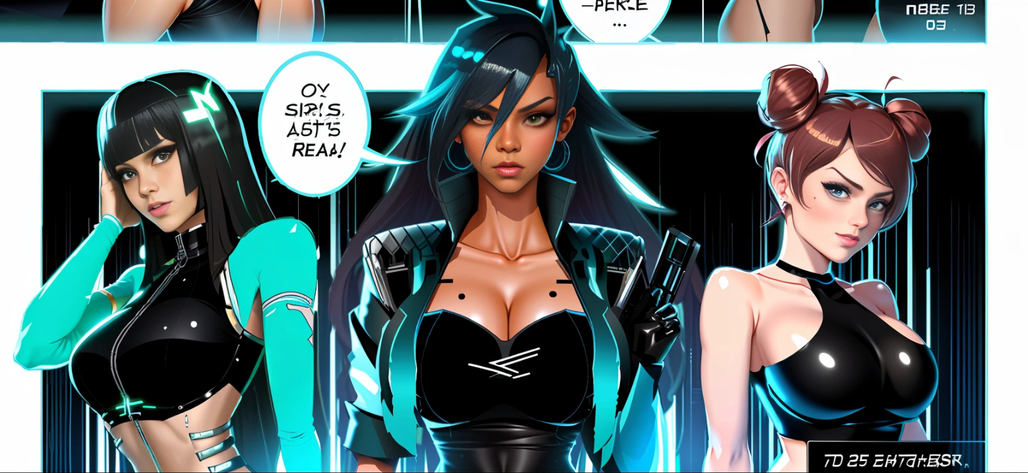there are three different pictures of a woman in a bikini, black anime manga girl, colored manga panel, cyborg merchant girl, oppai cyberpunk, anya from spy x family, cyberpunk angry gorgeous goddess, color manga panel, marvelous expression, nerdy black girl super hero, afrofuturism anime, as a character in tekken, cyborg merchant woman, digitally colored, anime girl named lucy